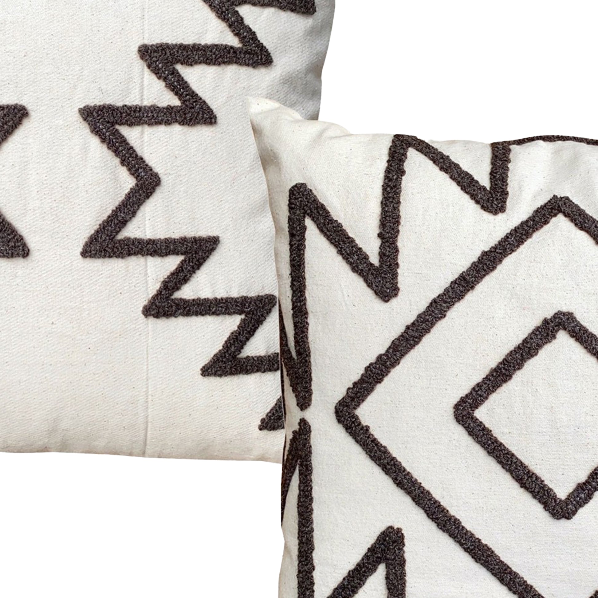 17 X 17 Inch 2 Piece Square Cotton Accent Throw Pillow Set With Modern Geometric Aztec Design Embroidery, White, Gray White Cotton