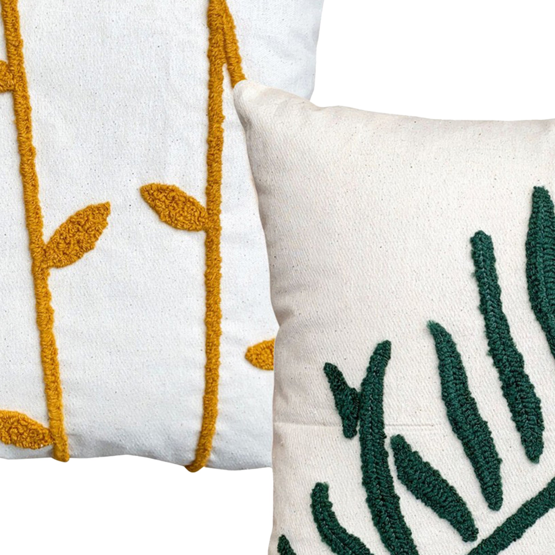 17 X 17 Inch 2 Piece Square Cotton Accent Throw Pillow Set, Leaf Embroidery, White, Green, Yellow White Cotton