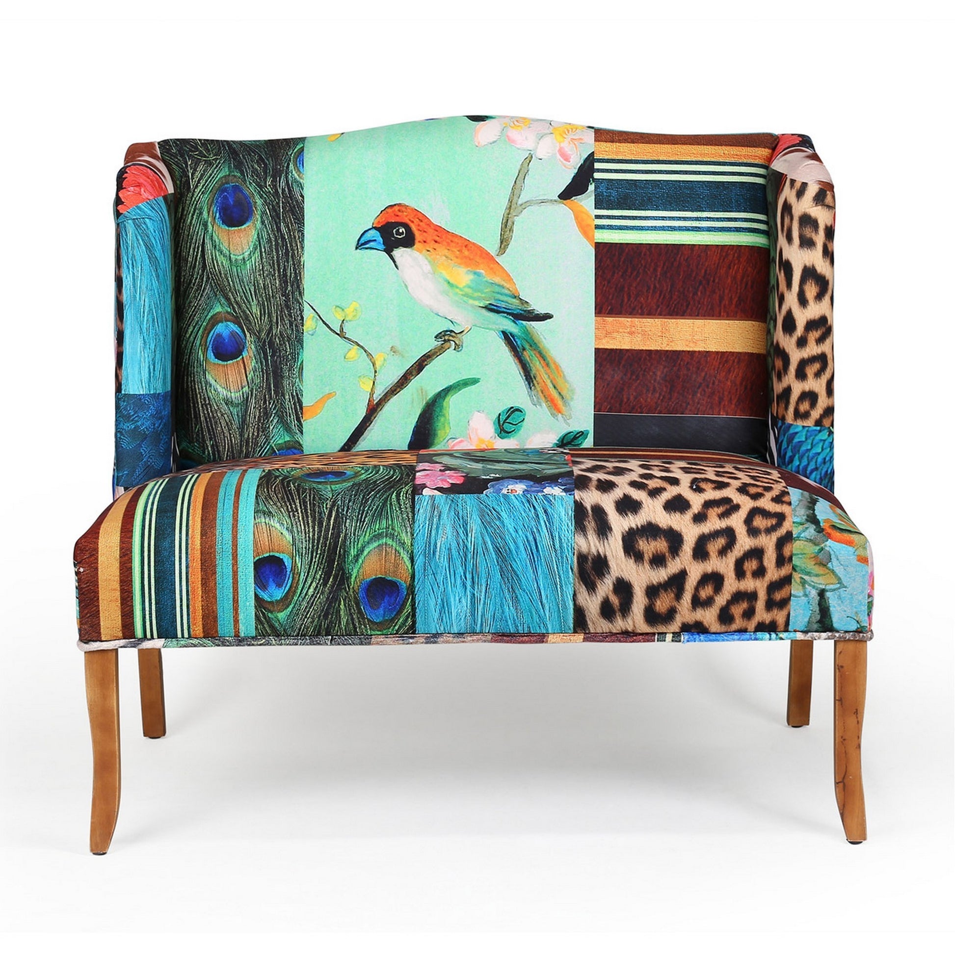 Vesta Bird Collage Print Settee, Multicolor Multicolor Solid Wood