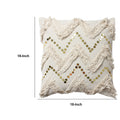 18 X 18 Square Polycotton Handwoven Accent Throw Pillow, Fringed, Sequins, Chevron Design, Off White White Cotton