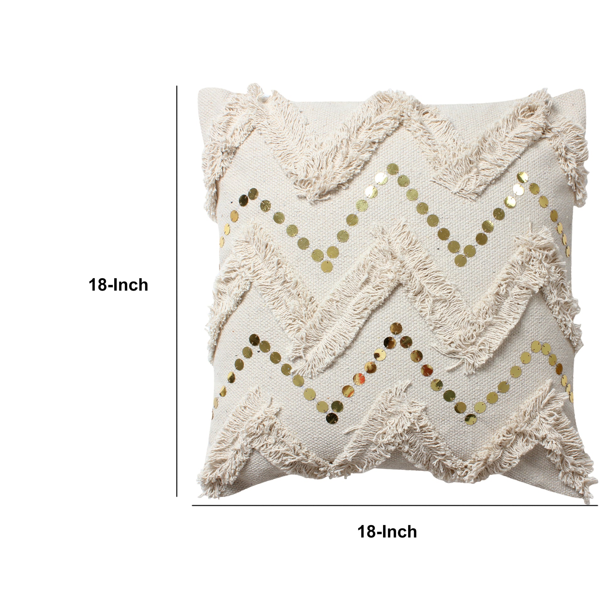 18 X 18 Square Polycotton Handwoven Accent Throw Pillow, Fringed, Sequins, Chevron Design, Off White White Cotton