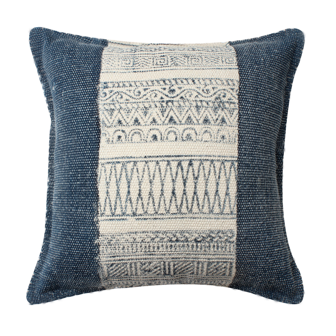 18 X 18 Square Handwoven Accent Throw Pillow, Polycotton Dhurrie, Kilim Pattern, White, Blue Blue Cotton