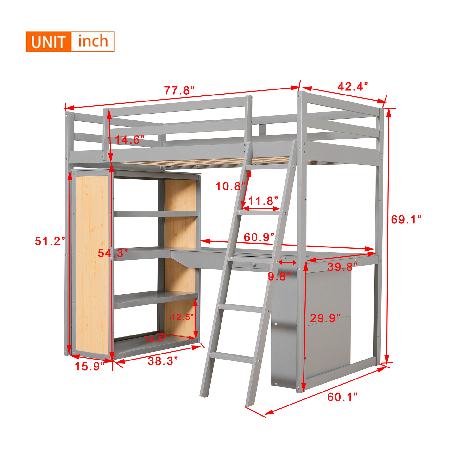 Twin Size Loft Bed With Ladder, Shelves, And Desk, Gray Lt000225Aae Gray Solid Wood Mdf