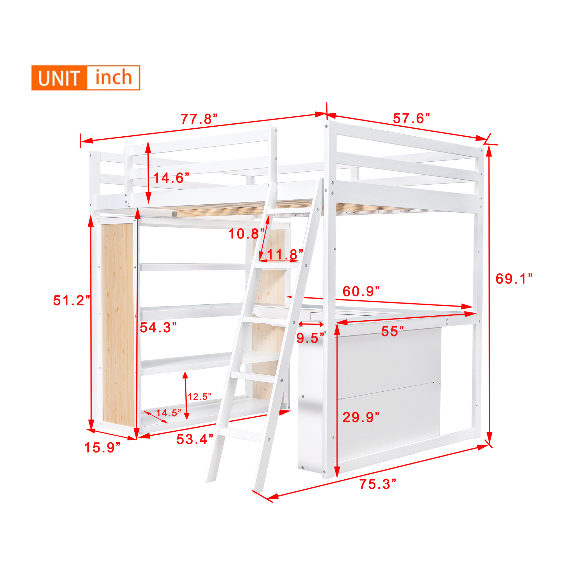 Full Size Loft Bed With Ladder, Shelves, And Desk, White Old Sku:Lt000226Aak White Solid Wood Mdf