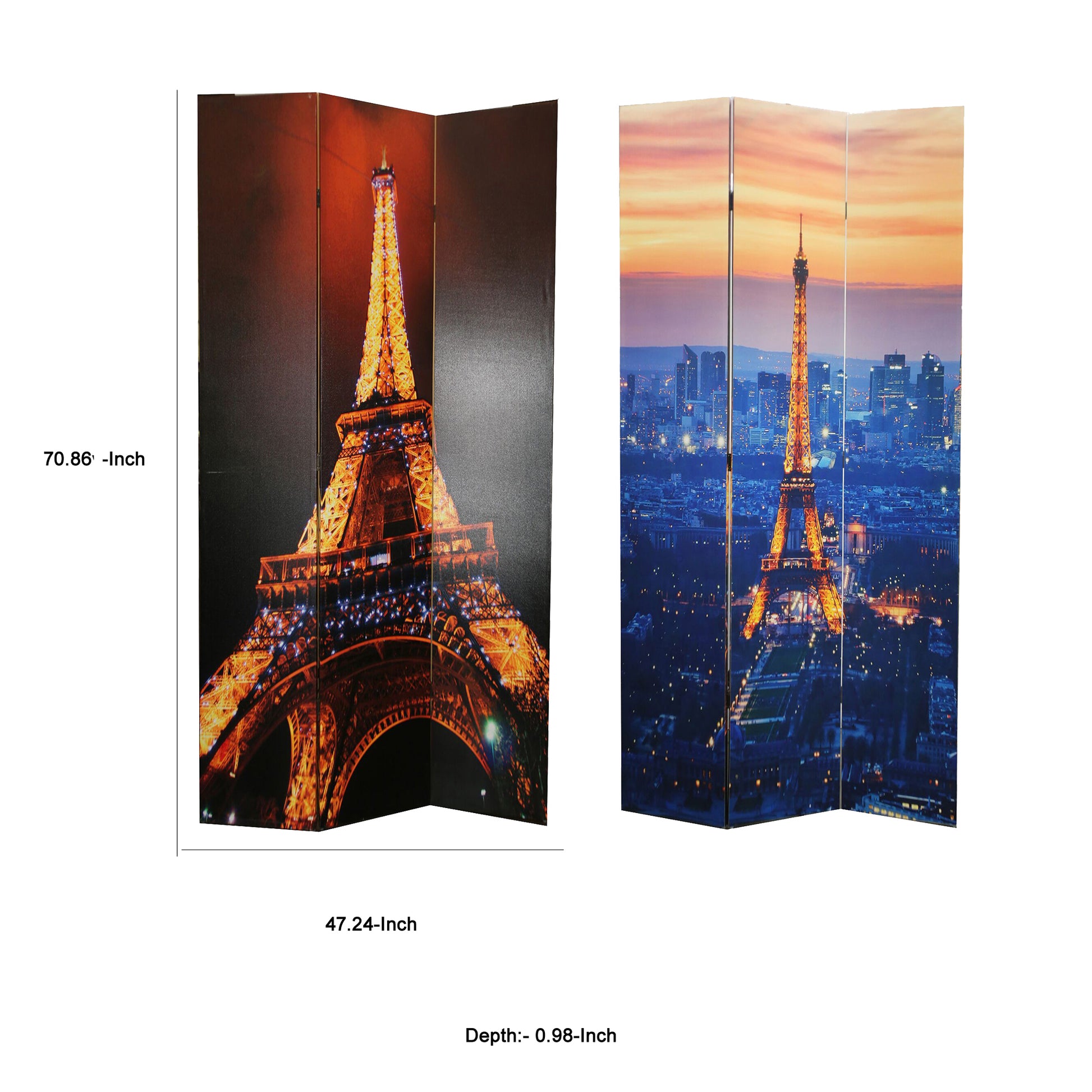 71 Inch 3 Panel Room Divider, Eiffel Tower Digital Print, Multicolor Multicolor Solid Wood