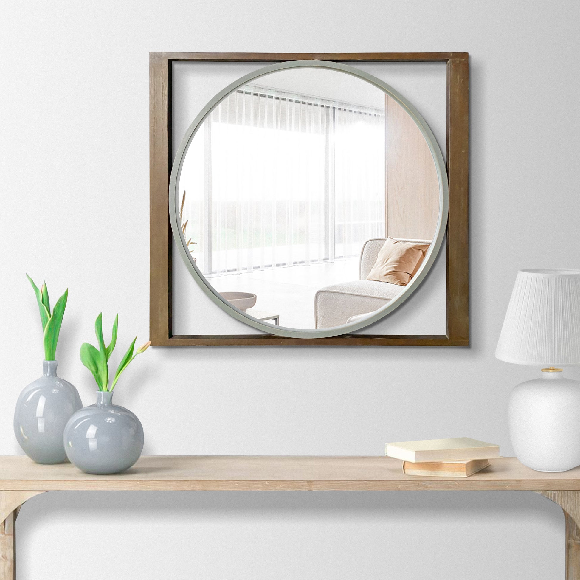 Round Wall Mirror With Rectangular Wooden Frame, Brown Brown Solid Wood