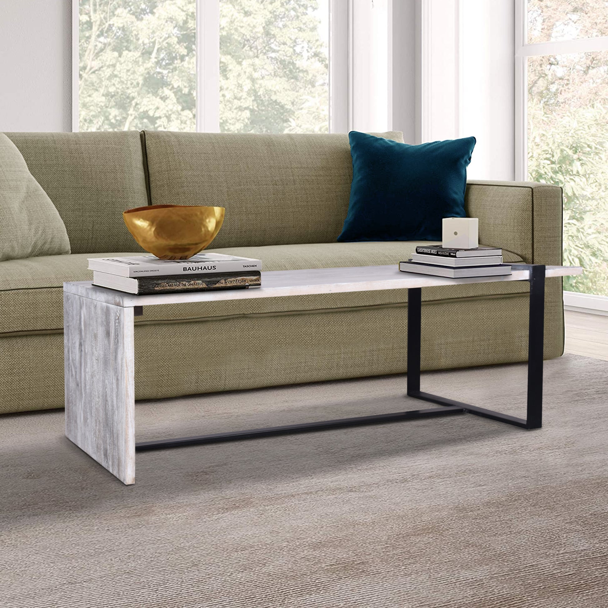 Farmhouse Rectangular Coffee Table With Wooden Top And Geometric Metal Frame, Gray And Black Gray Solid Wood