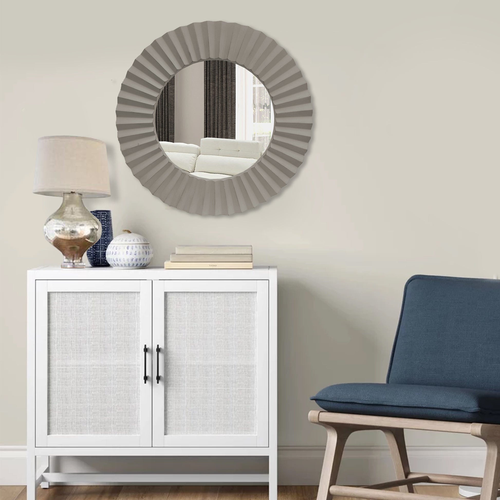 32 Inch Round Beveled Floating Wall Mirror With Corrugated Design Wooden Frame, Gray Gray Solid Wood