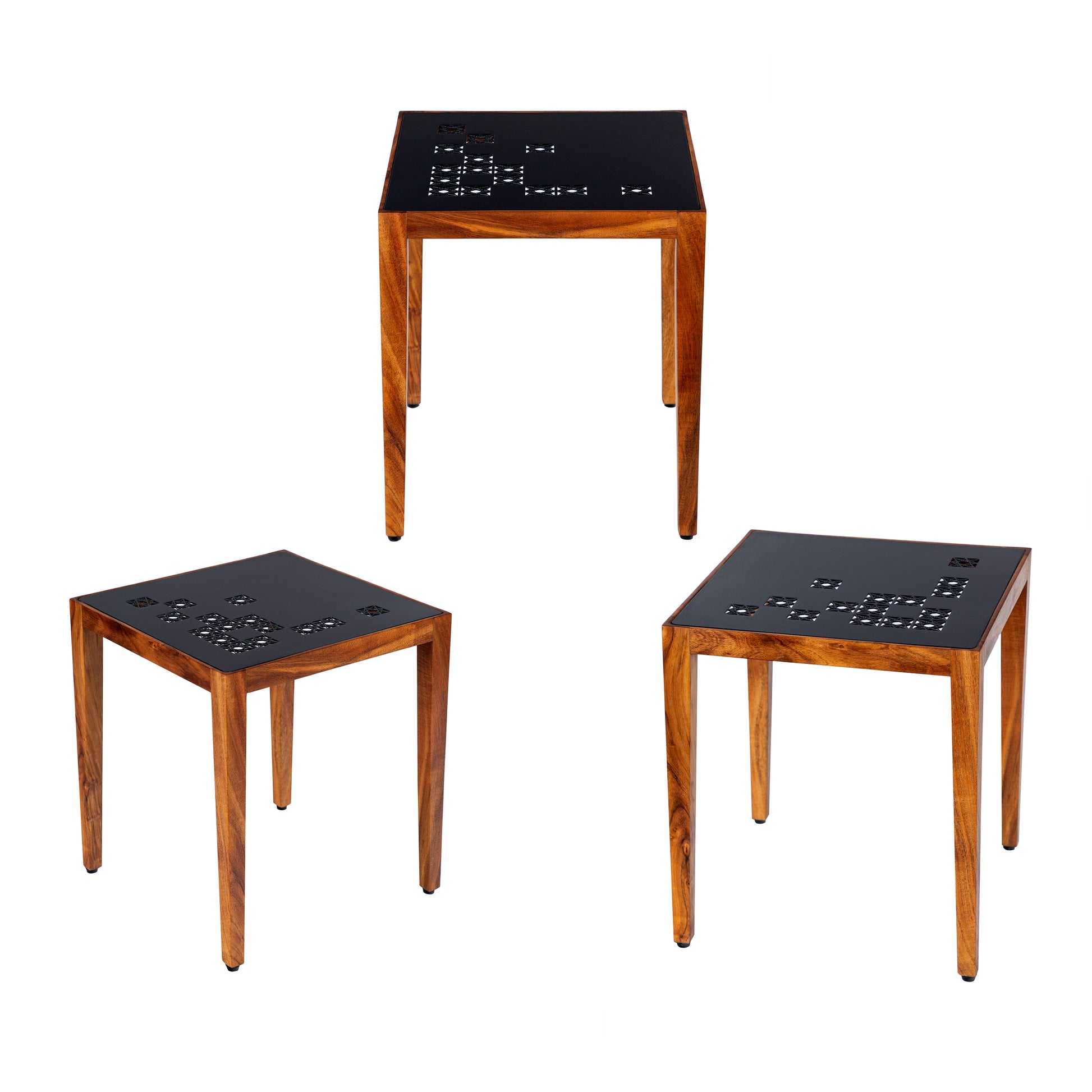 Alba 22 Inch 3 Piece Nesting Table Set, Laser Cut Metal, Black, Brown Black Solid Wood