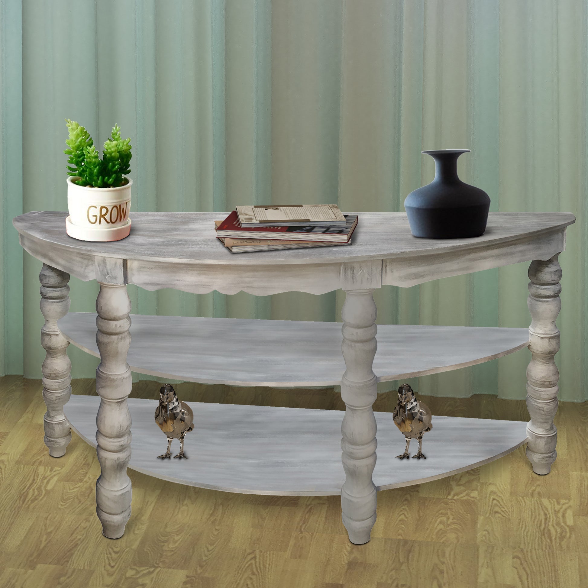 Half Moon Shaped Wooden Console Table With 2 Shelves And Turned Legs, Gray Gray Solid Wood