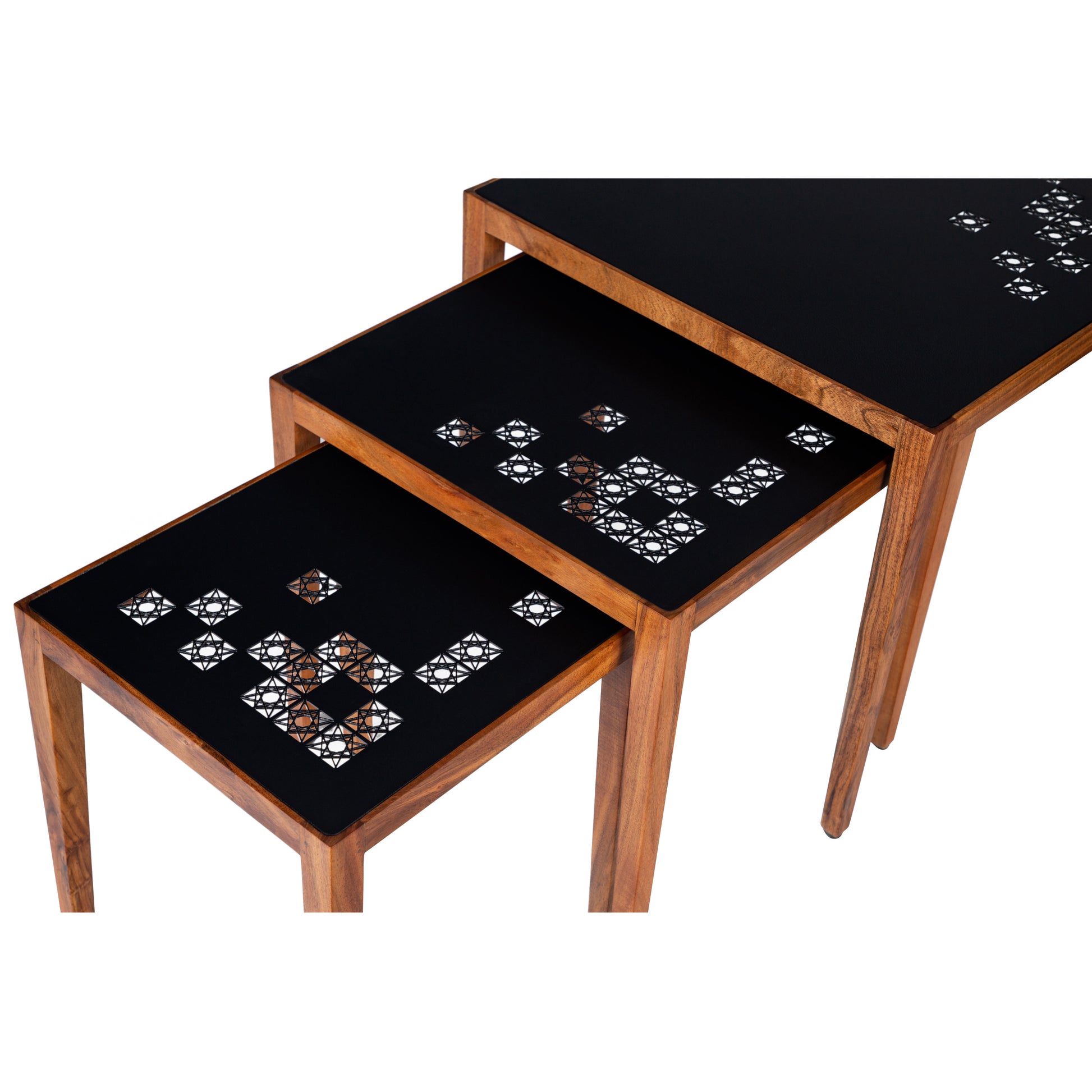 Alba 22 Inch 3 Piece Nesting Table Set, Laser Cut Metal, Black, Brown Black Solid Wood