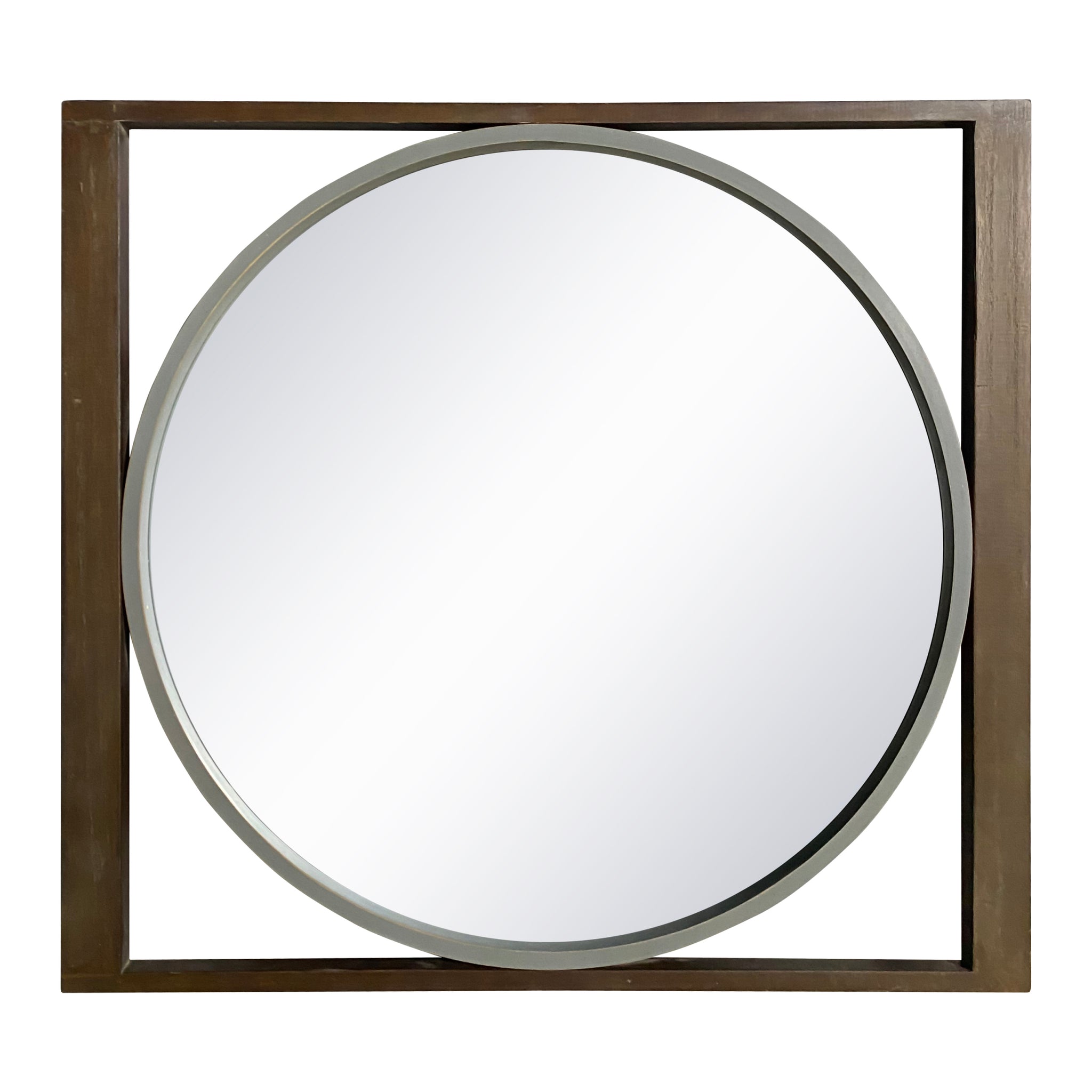 Round Wall Mirror With Rectangular Wooden Frame, Brown Brown Solid Wood