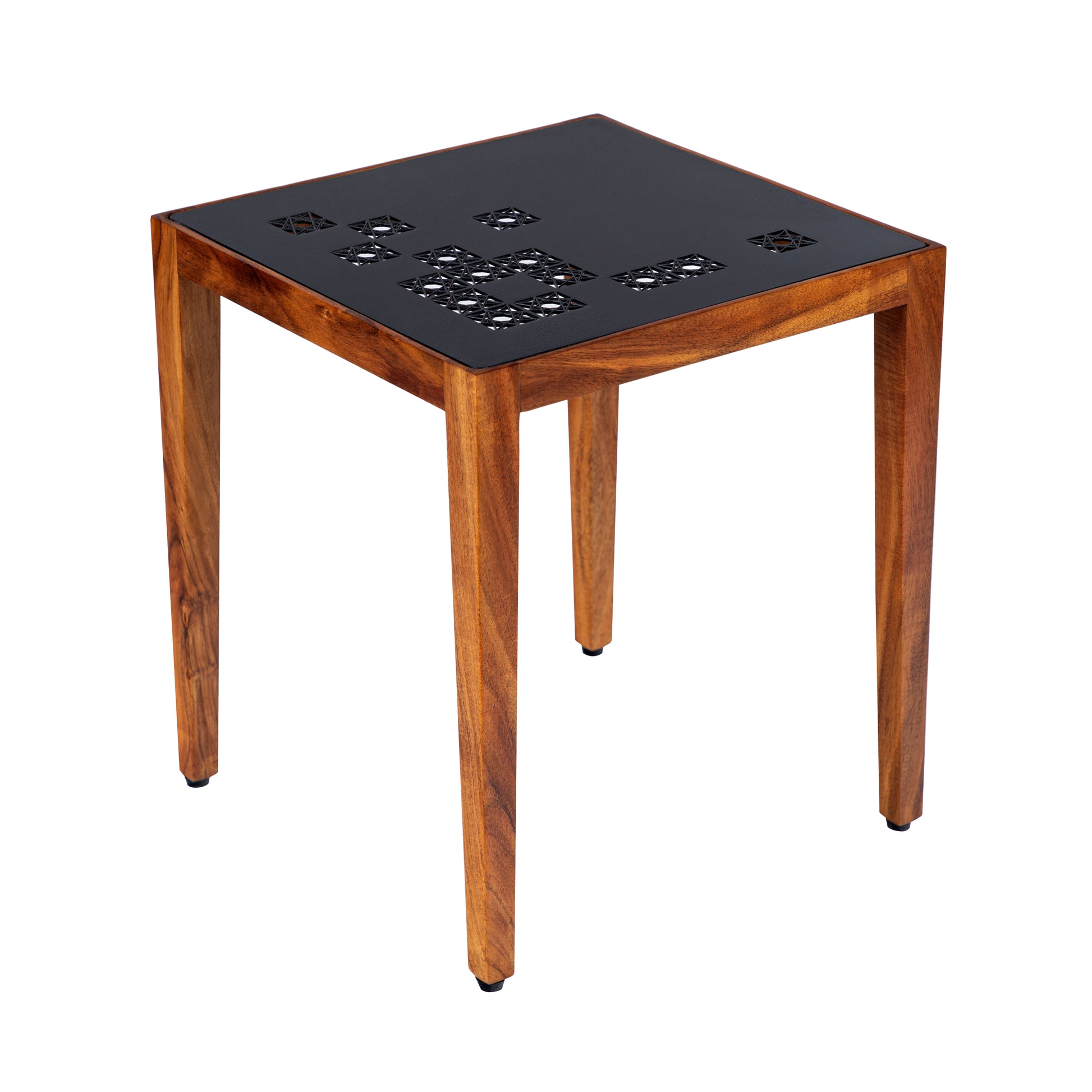 Alba 22 Inch 3 Piece Nesting Table Set, Laser Cut Metal, Black, Brown Black Solid Wood