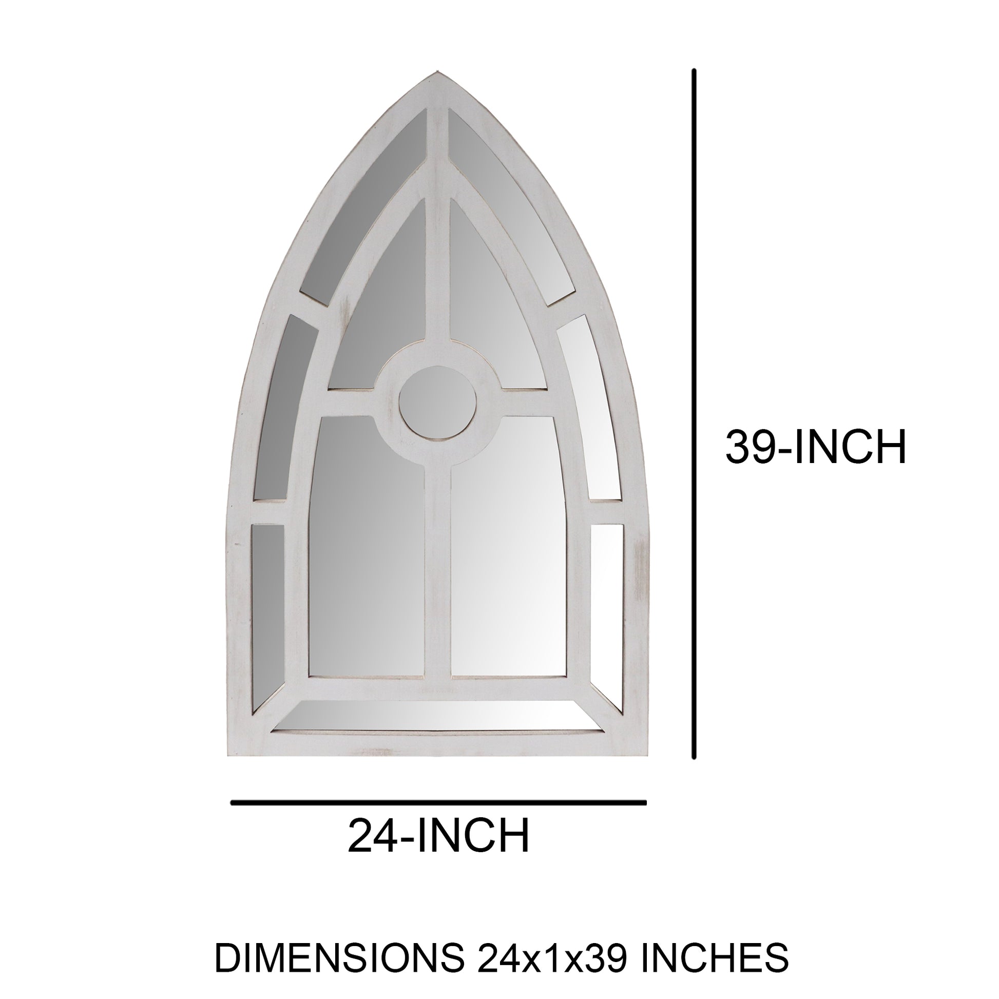 Arched Window Pane Wooden Wall Mirror With Trimmed Details, Silver Silver Mdf