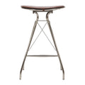 30 Inch Metal Frame Bar Stool, Round Genuine Leather Seat, Dark Brown, Silver Silver Iron