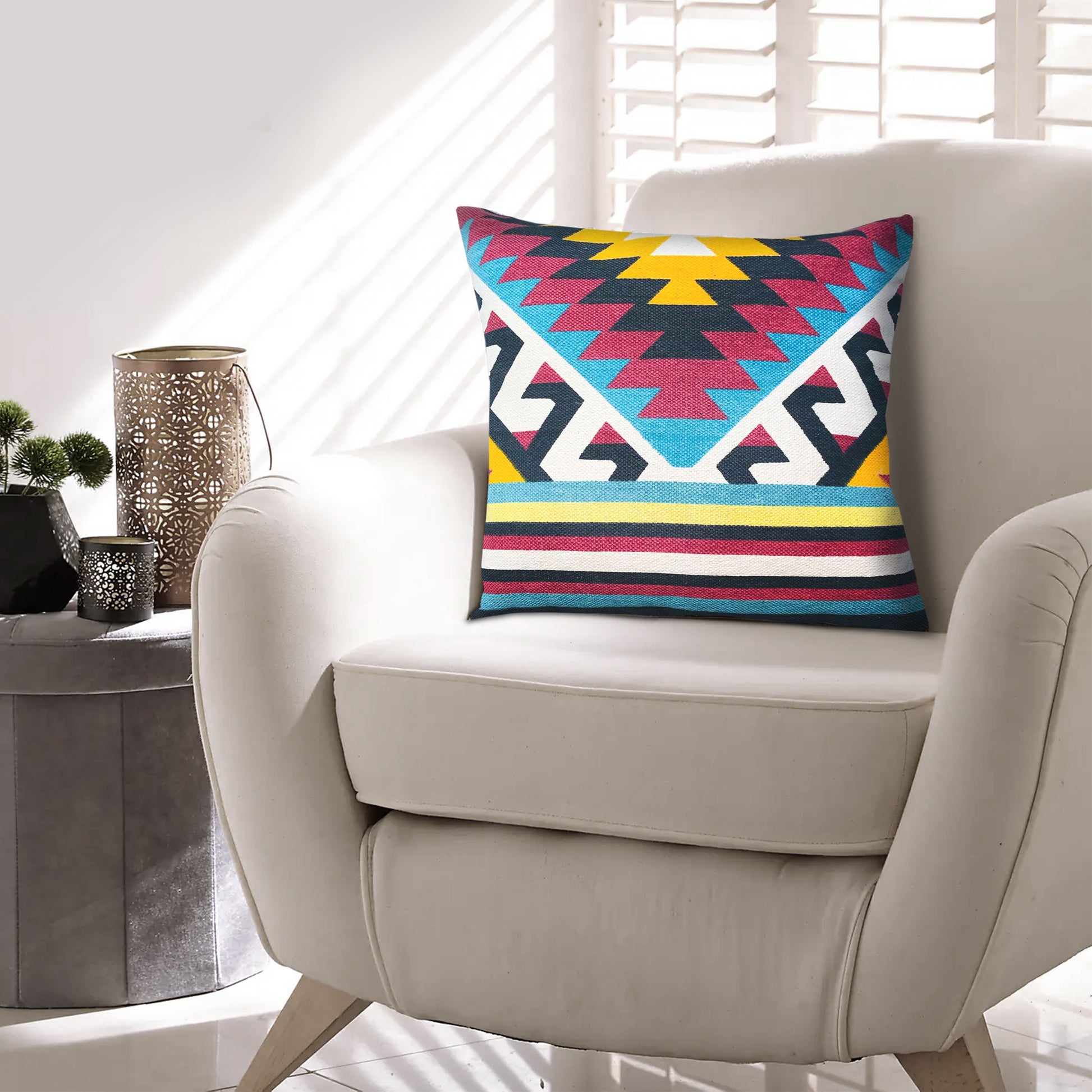 24 X 24 Square Cotton Accent Throw Pillow, Geometric Aztec Tribal Pattern, Multicolor Multicolor Cotton