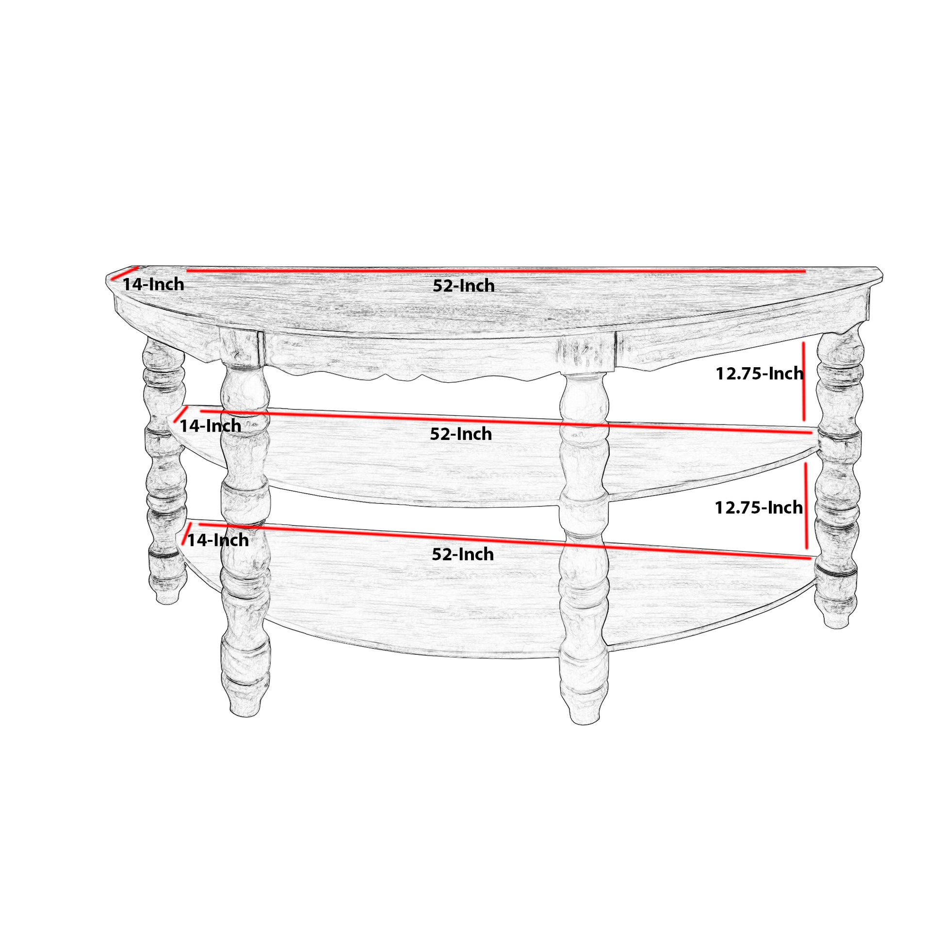 Half Moon Shaped Wooden Console Table With 2 Shelves And Turned Legs, Gray Gray Solid Wood