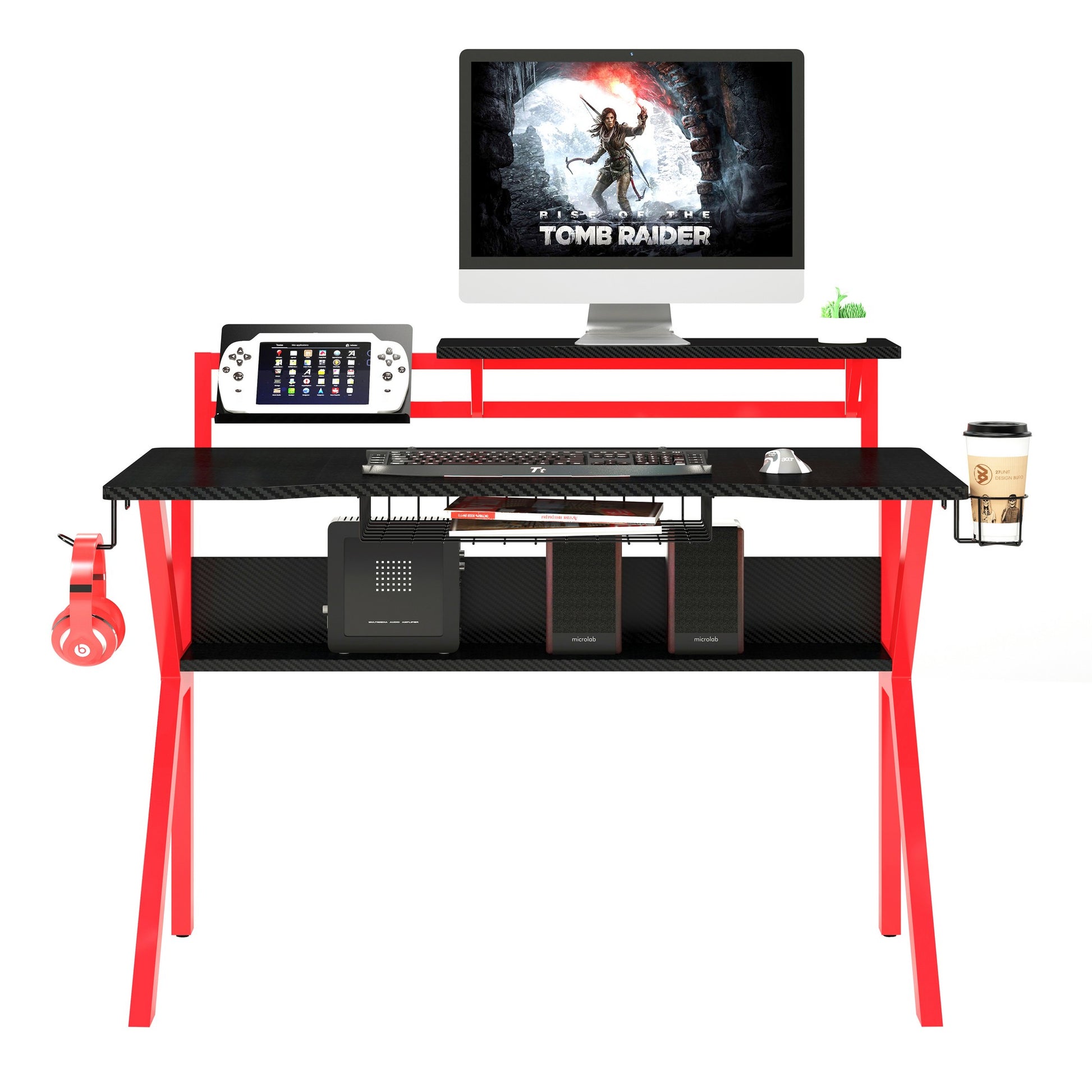 Pvc Coated Ergonomic Metal Frame Gaming Desk, Black And Red Black Solid Wood