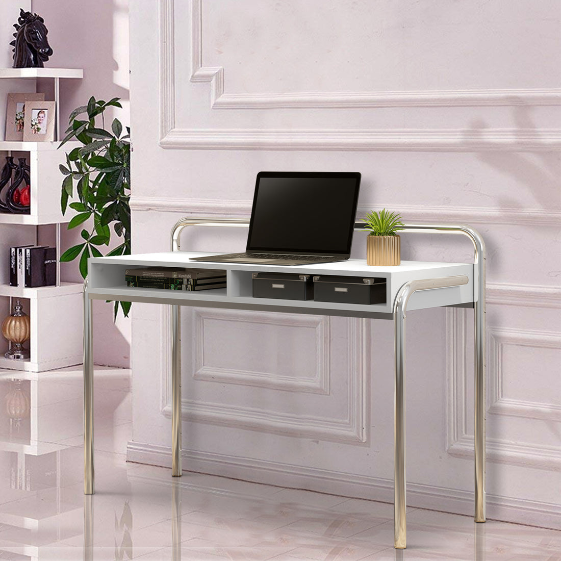 Office Desk With 2 Compartments And Tubular Metal Frame, White And Chrome White Metal