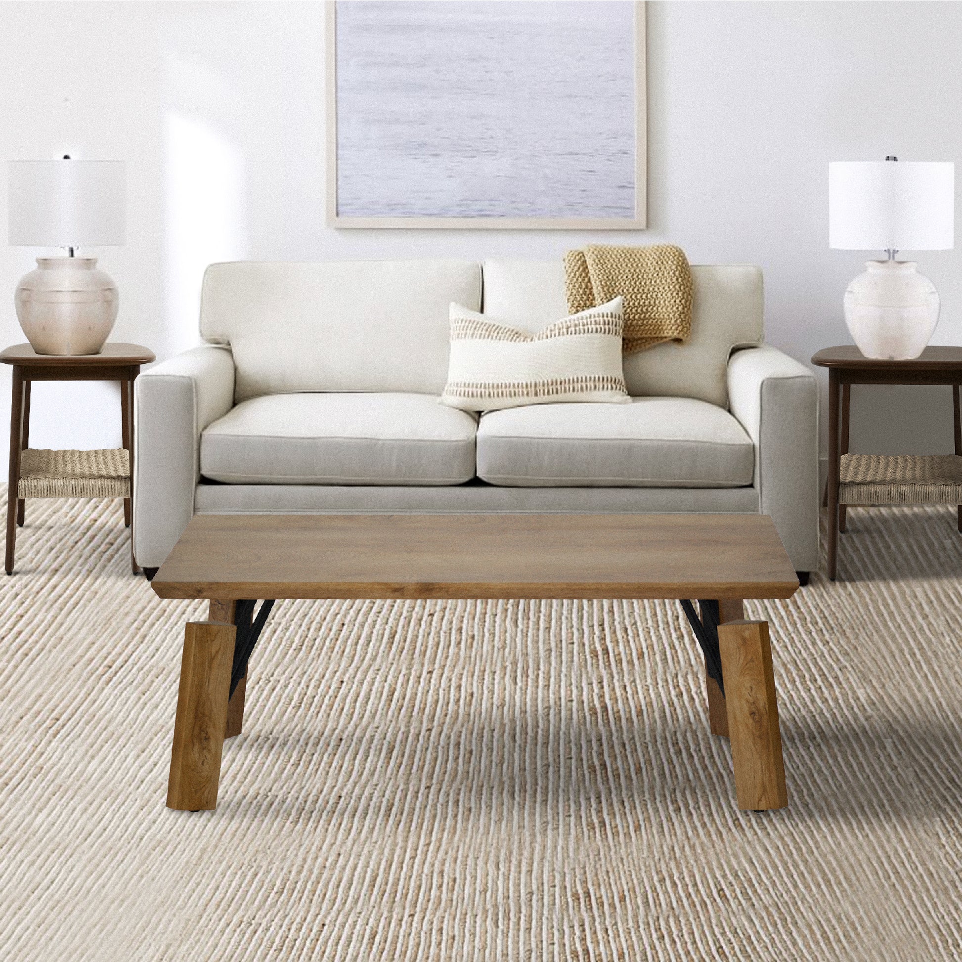 Rectangular Wooden Coffee Table With Block Legs, Natural Brown Brown Mdf