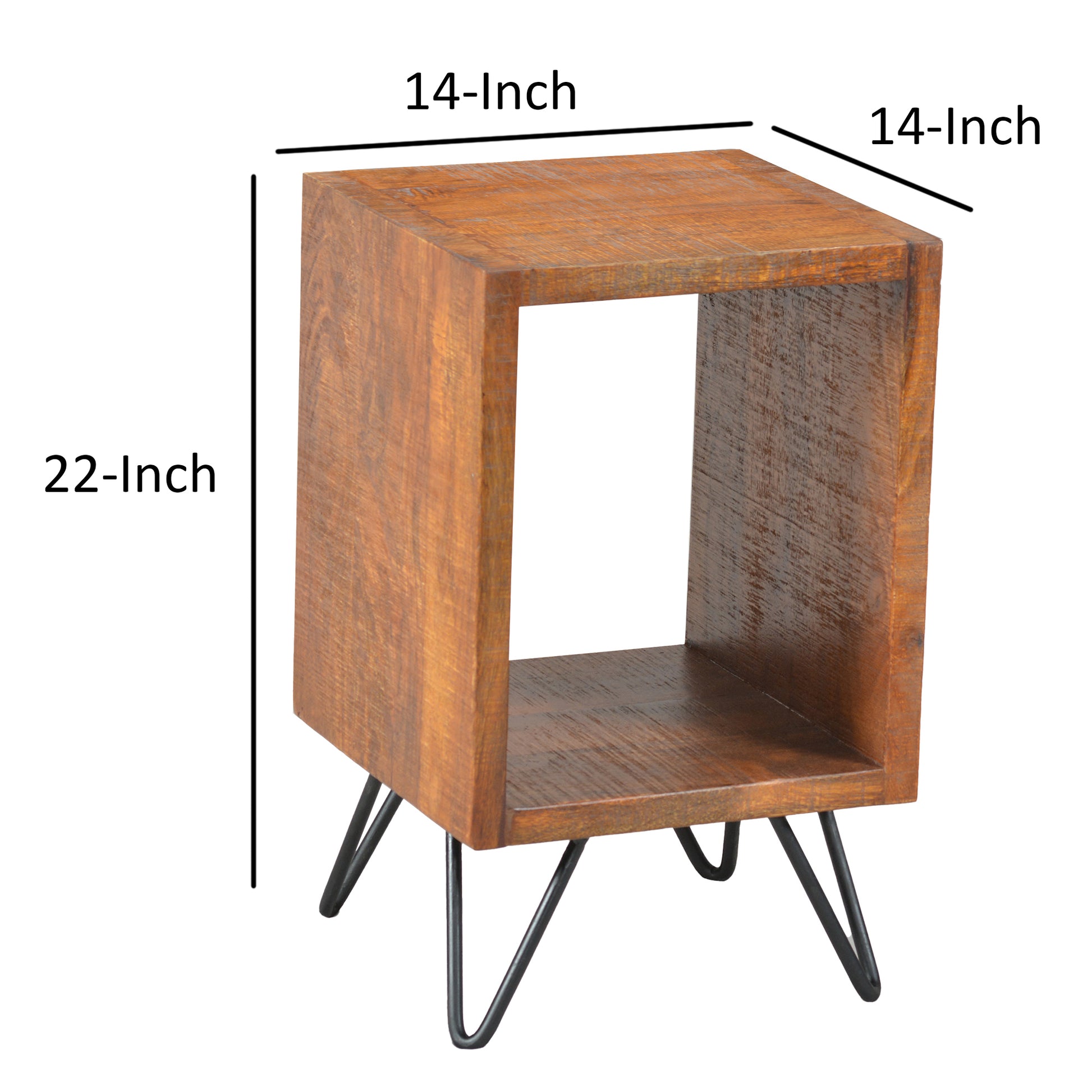 22 Inch Textured Cube Shape Wooden Nightstand With Angular Legs, Brown And Black Brown Solid Wood