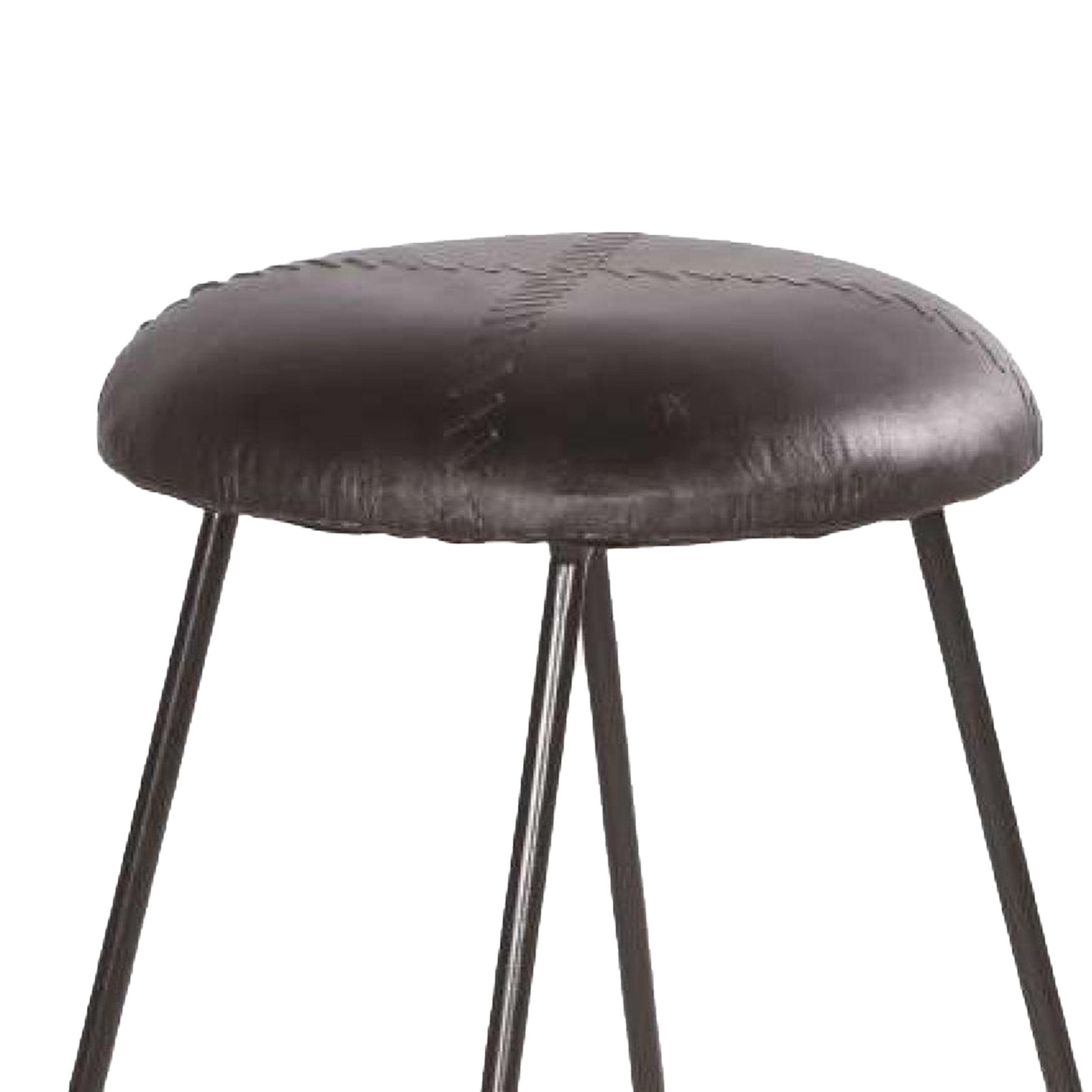 26 Inch Modern Counter Height Stool, Genuine Leather Upholstery, Metal Frame, Baseball Stitching, Black Black Iron