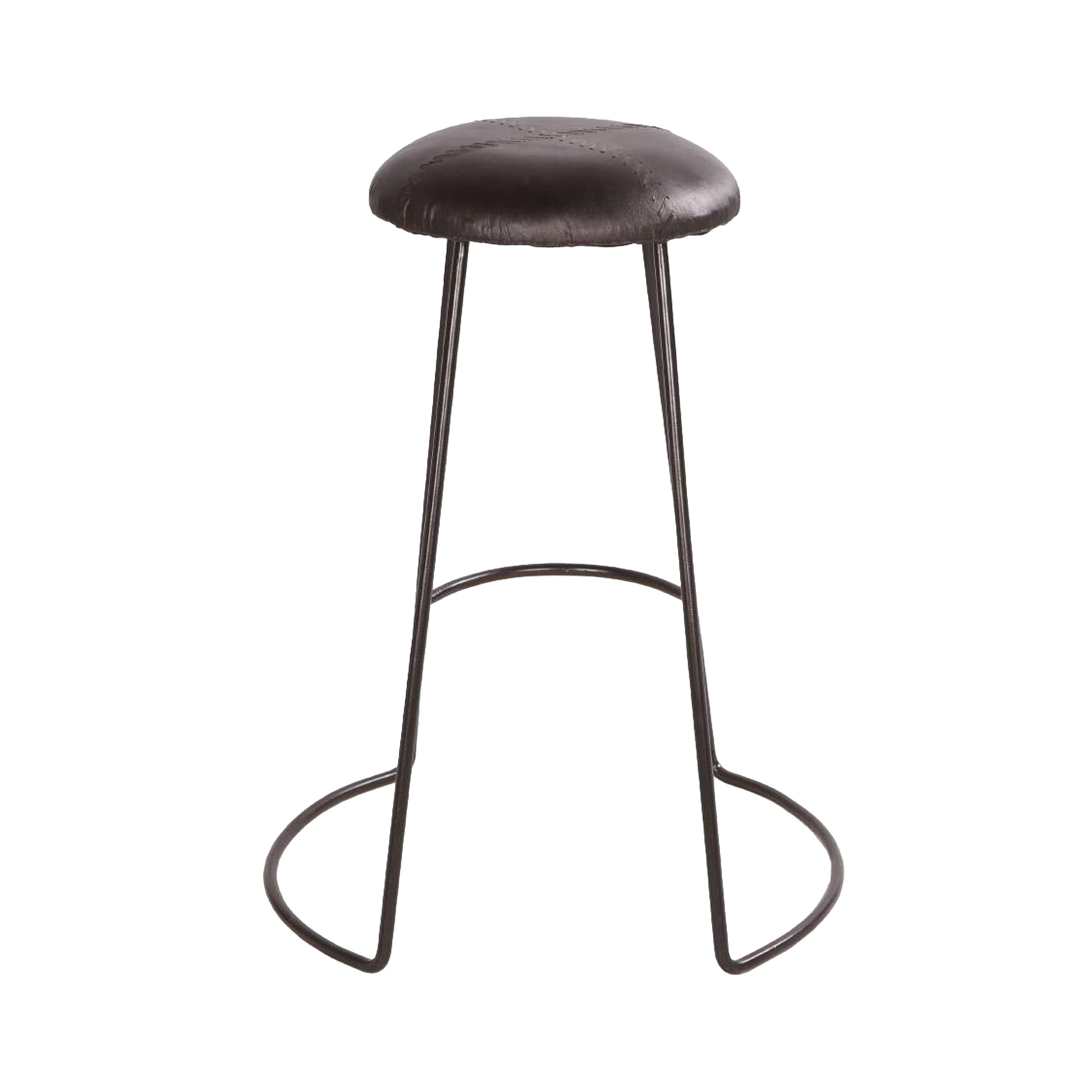 26 Inch Modern Counter Height Stool, Genuine Leather Upholstery, Metal Frame, Baseball Stitching, Black Black Iron