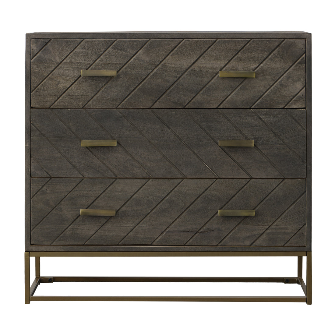 Roy 32 Inch 3 Drawer Mango Wood Dresser Chest, Rustic Bronze Metal Frame, Gray Gray Solid Wood