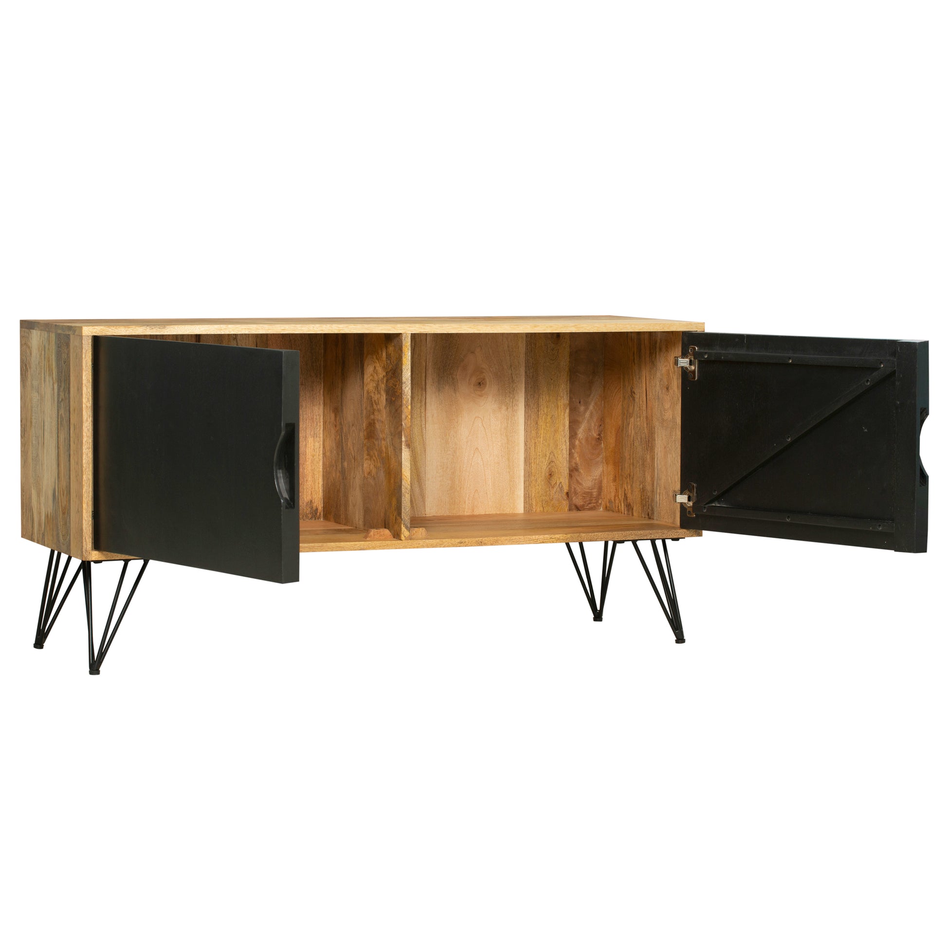 Tv Entertainment Unit With 2 Doors And Wooden Frame, Oak Brown And Black Brown Solid Wood