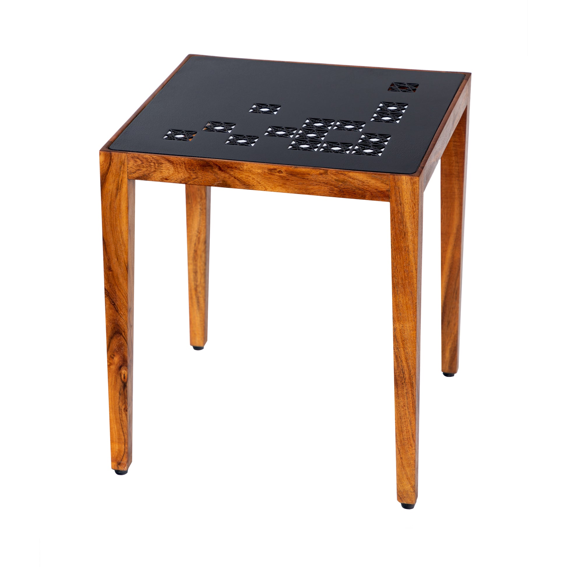 Alba 22 Inch 3 Piece Nesting Table Set, Laser Cut Metal, Black, Brown Black Solid Wood
