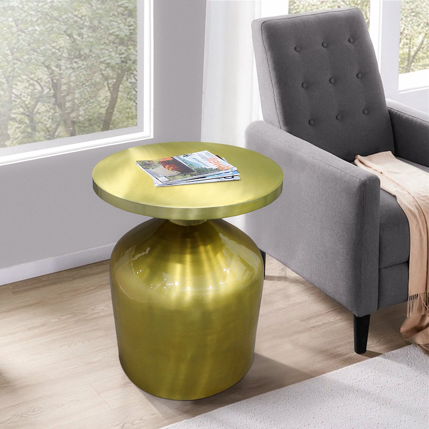 24 Inch Metal Frame End Table With Round Top And Bottle Shape Base, Gold Gold Metal