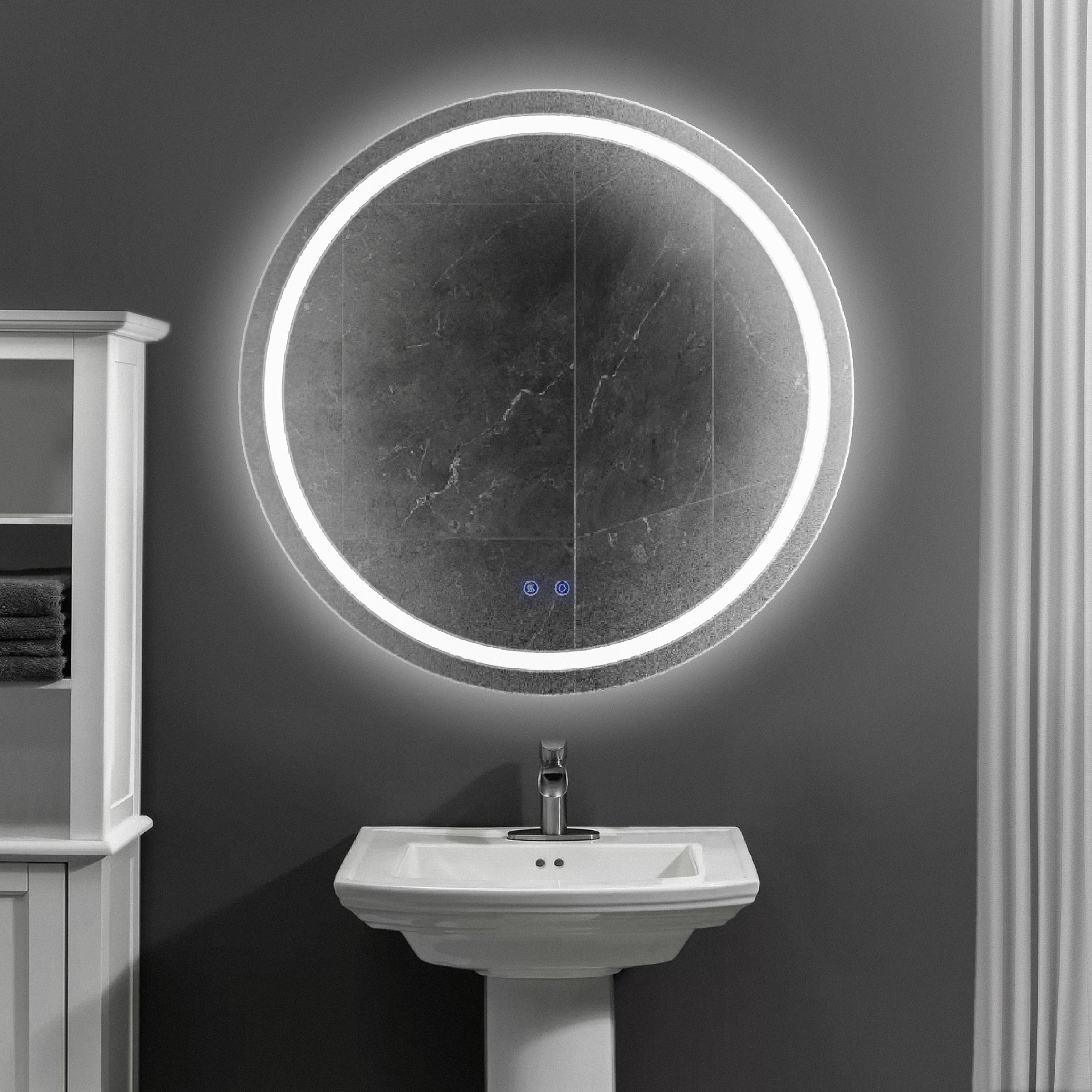 32 X 32 Inch Round Frameless Led Illuminated Bathroom Mirror, Touch Button Defogger, Metal, Frosted Edges, Silver Silver Aluminum