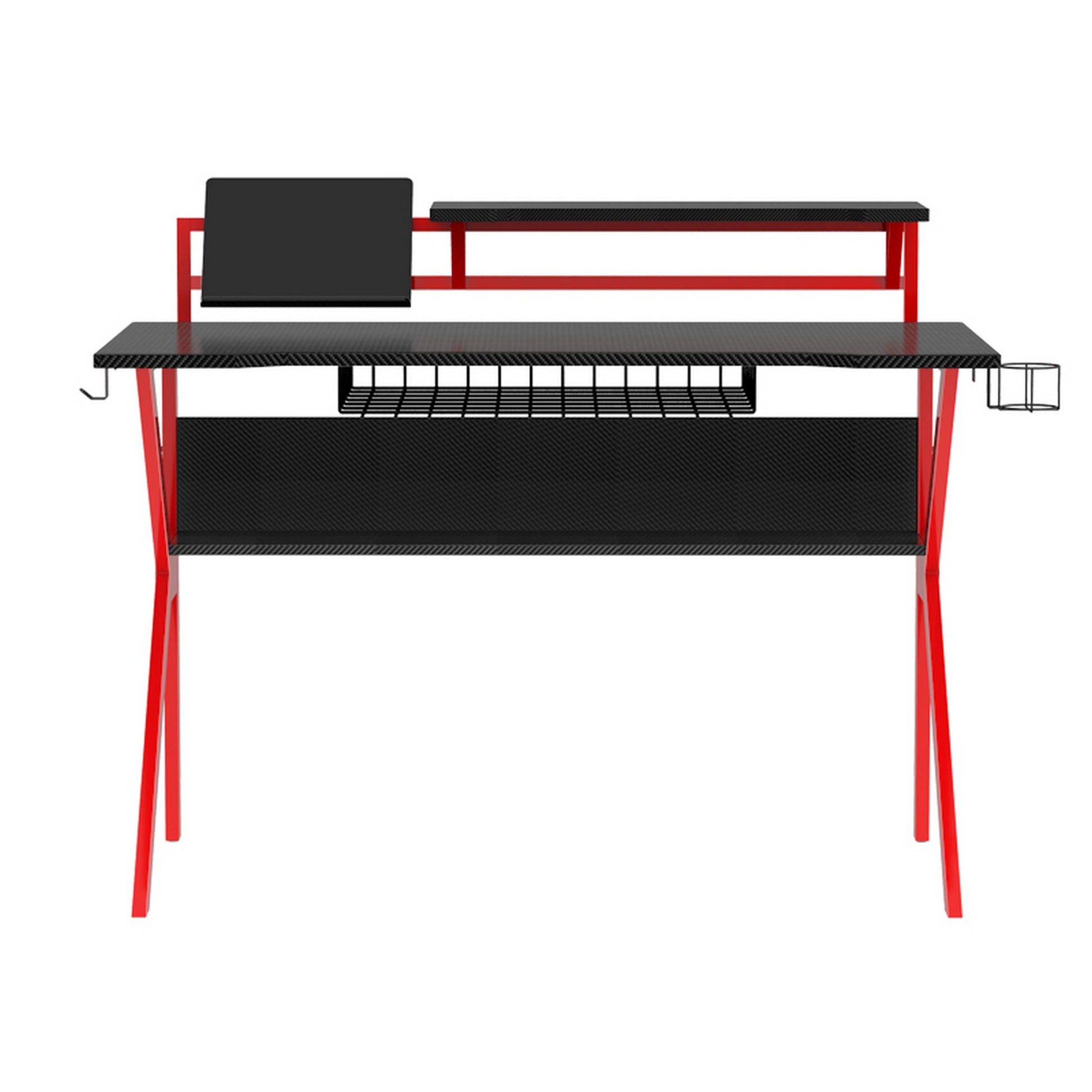 Pvc Coated Ergonomic Metal Frame Gaming Desk, Black And Red Black Solid Wood