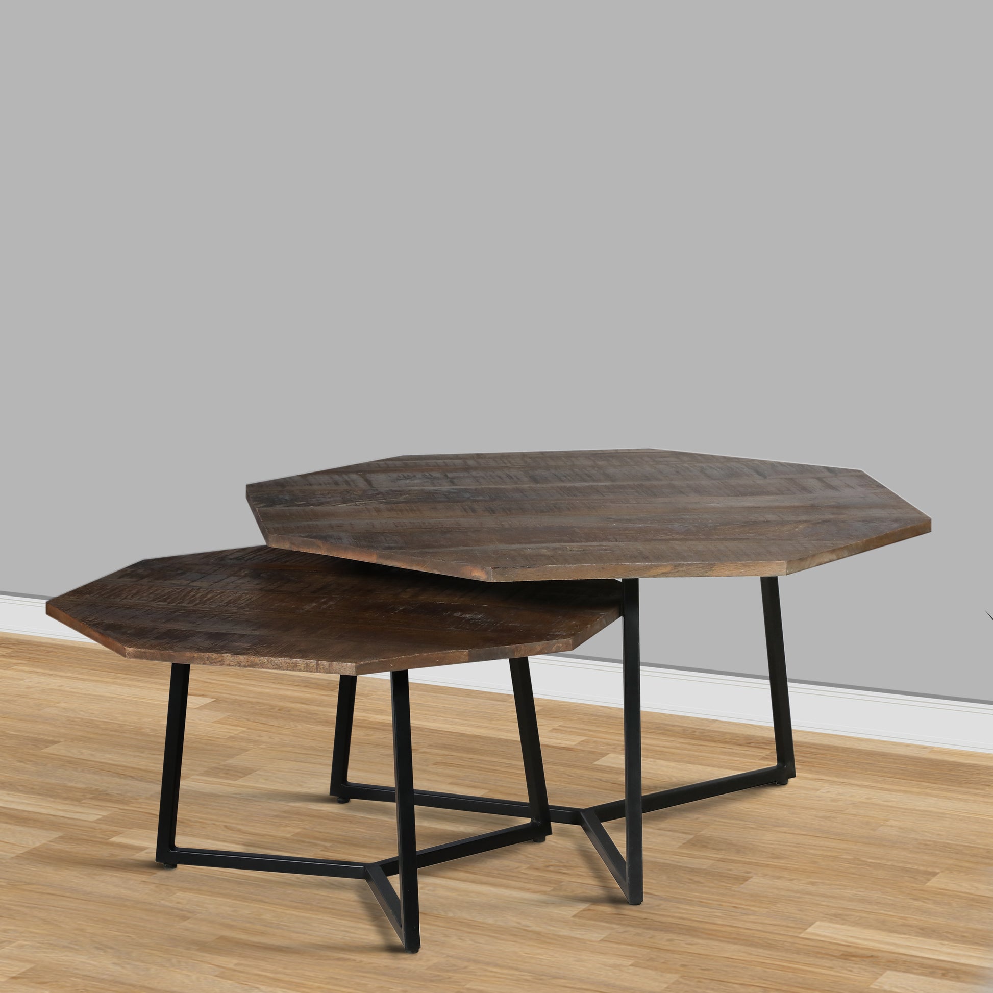 35, 28 Inch 2 Piece Nesting Coffee Table Set, Octagon Top, Mango Wood, Brown And Black Brown Solid Wood