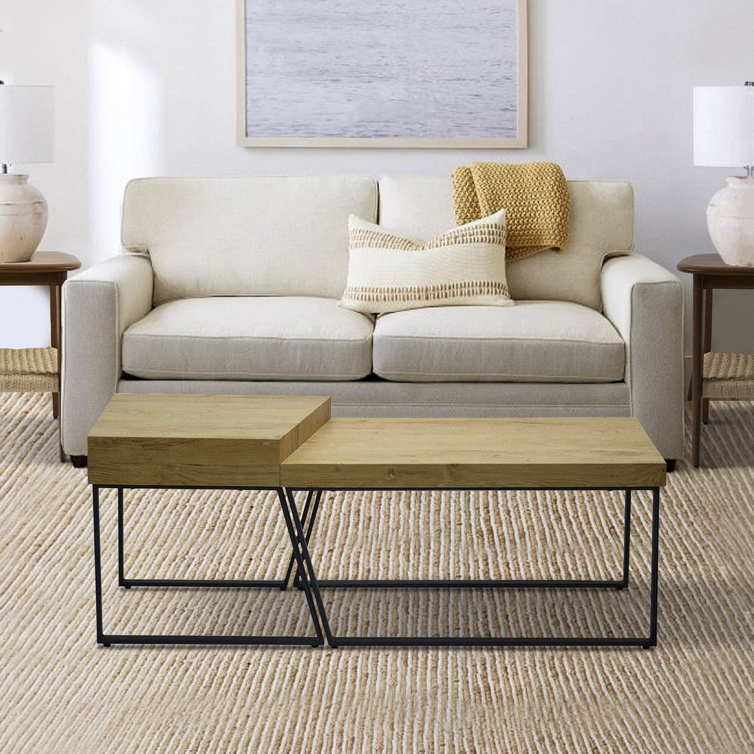 Rectangular Wooden Coffee Table With Metal Frame, Oak Brown And Black Brown Solid Wood