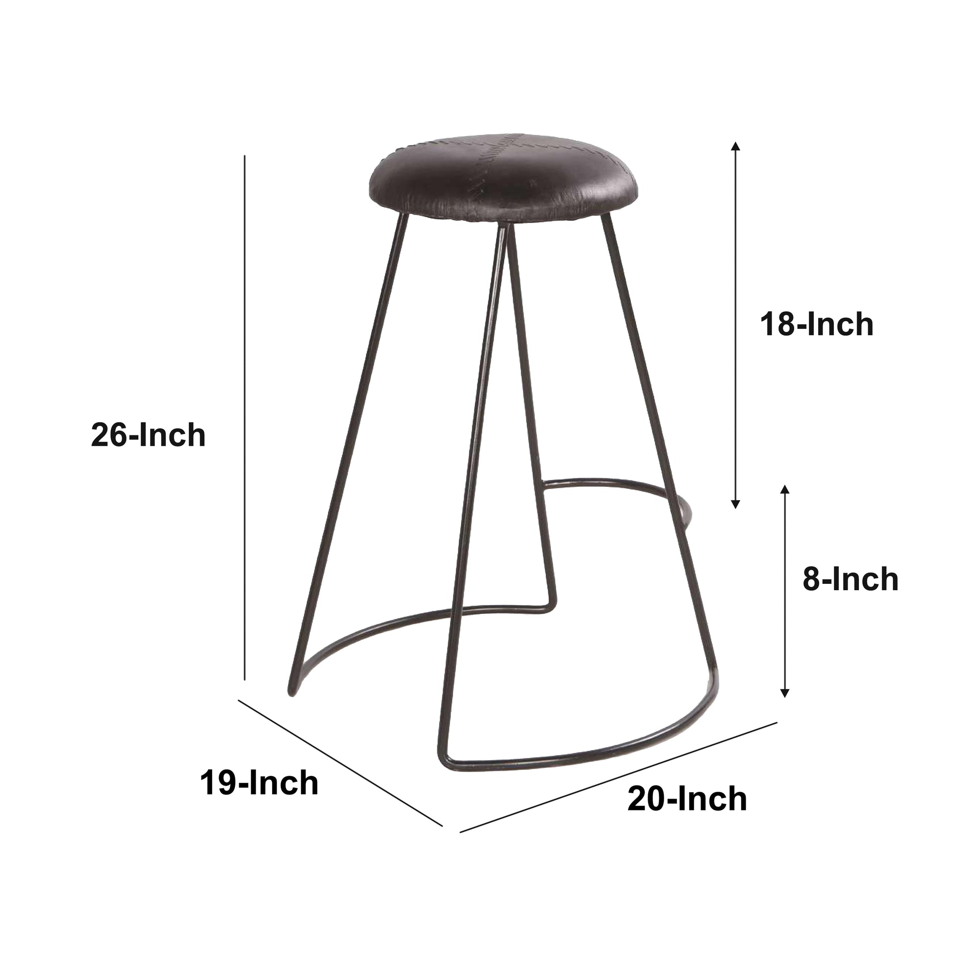 26 Inch Modern Counter Height Stool, Genuine Leather Upholstery, Metal Frame, Baseball Stitching, Black Black Iron