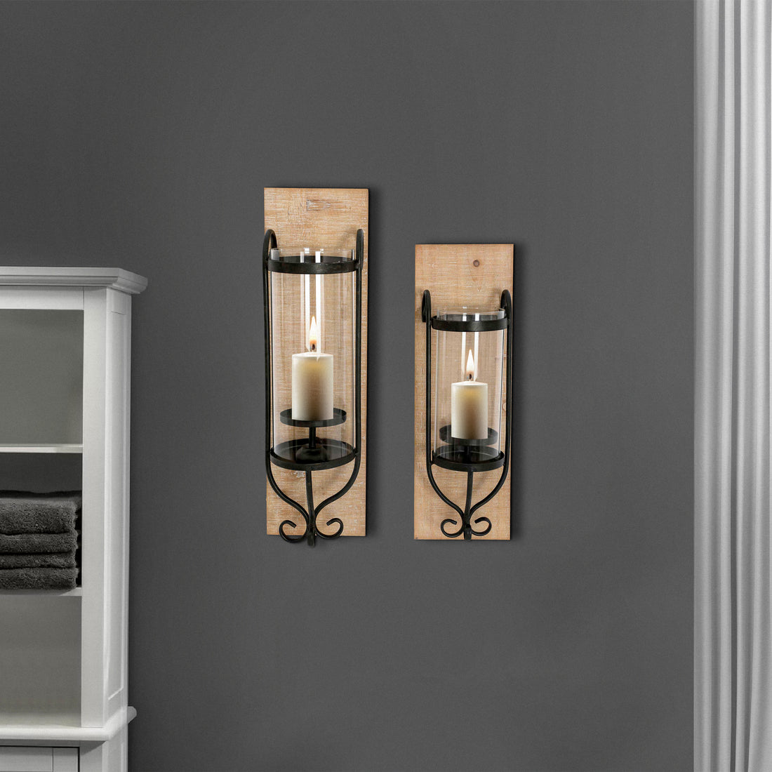 21 Inch Industrial Wall Mount Wood Candle Holder With Glass Hurrican, Set Of 2, Black Brown Solid Wood