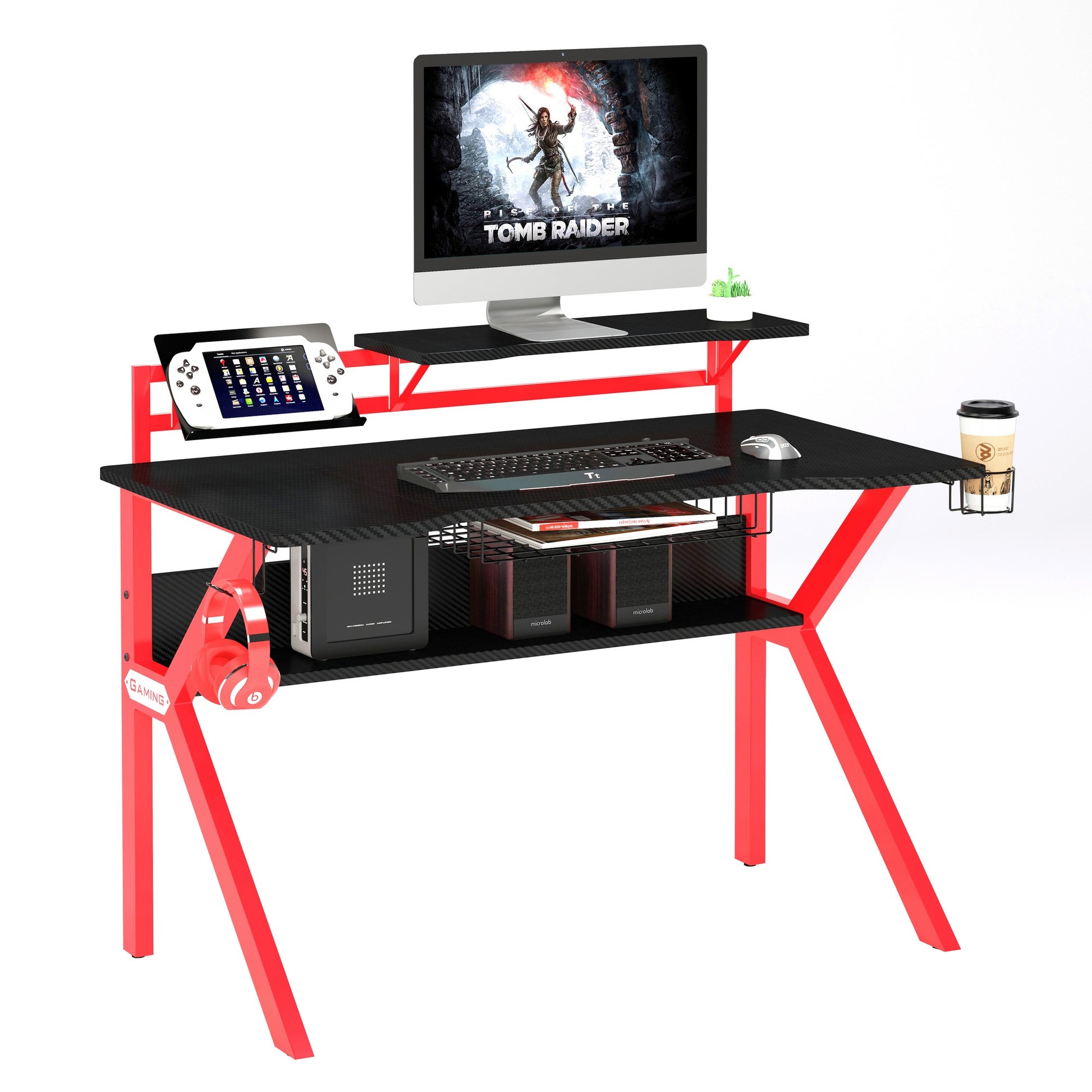 Pvc Coated Ergonomic Metal Frame Gaming Desk, Black And Red Black Solid Wood