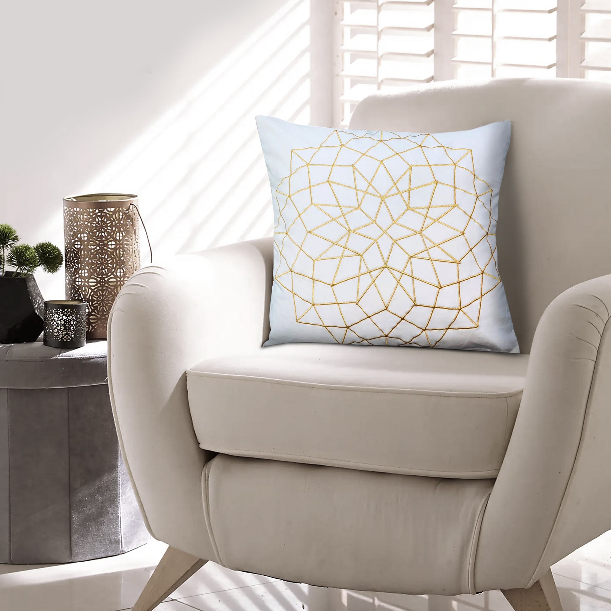 Hugo 20 X 20 Square Accent Throw Pillow, Embroidered Geometric Abstract Pattern, With Filler, White, Gold White Cotton