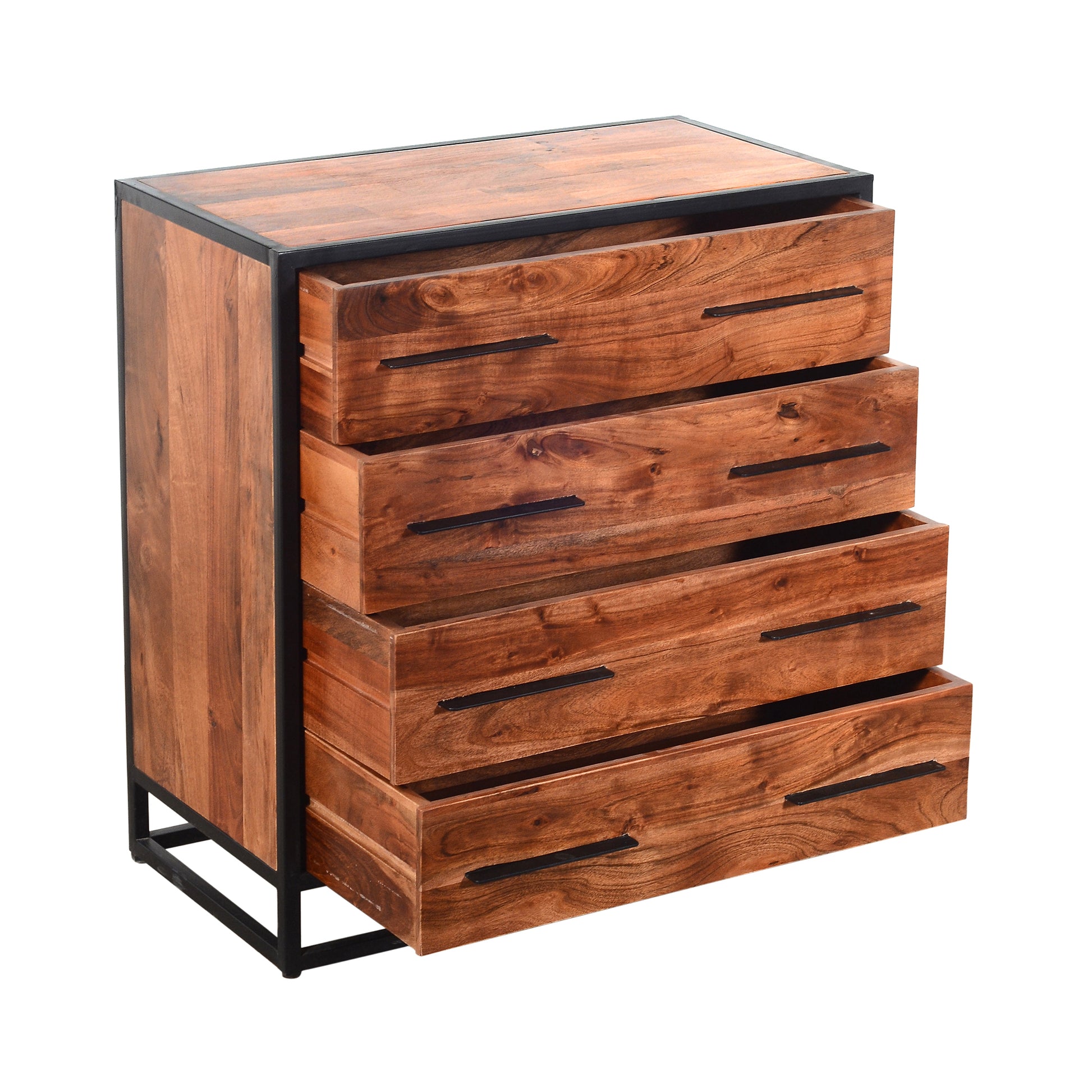 Handmade Dresser With Grain Details And 4 Drawers, Brown And Black Brown Solid Wood