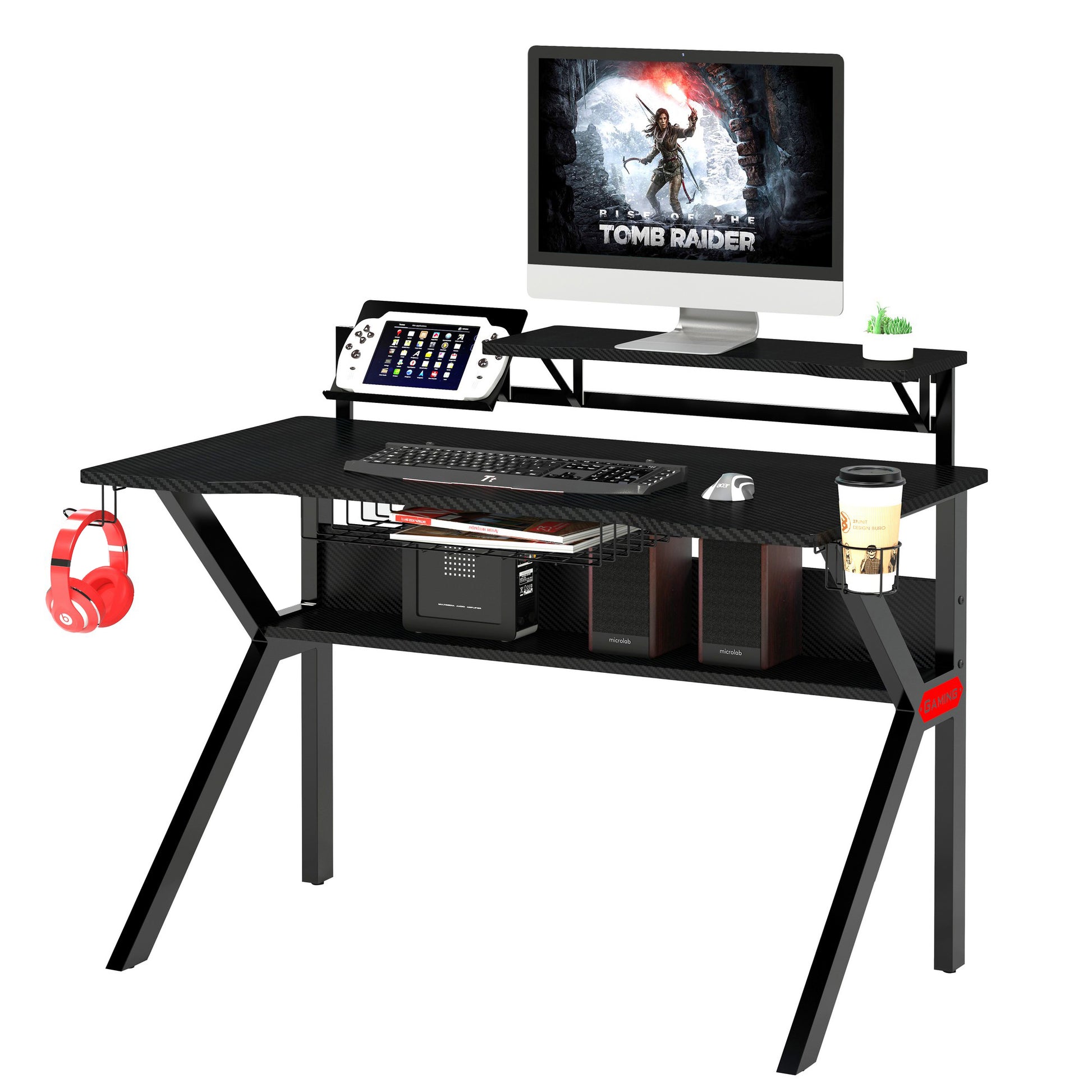 Pvc Coated Ergonomic Metal Frame Gaming Desk With K Shape Legs, Black Black Solid Wood