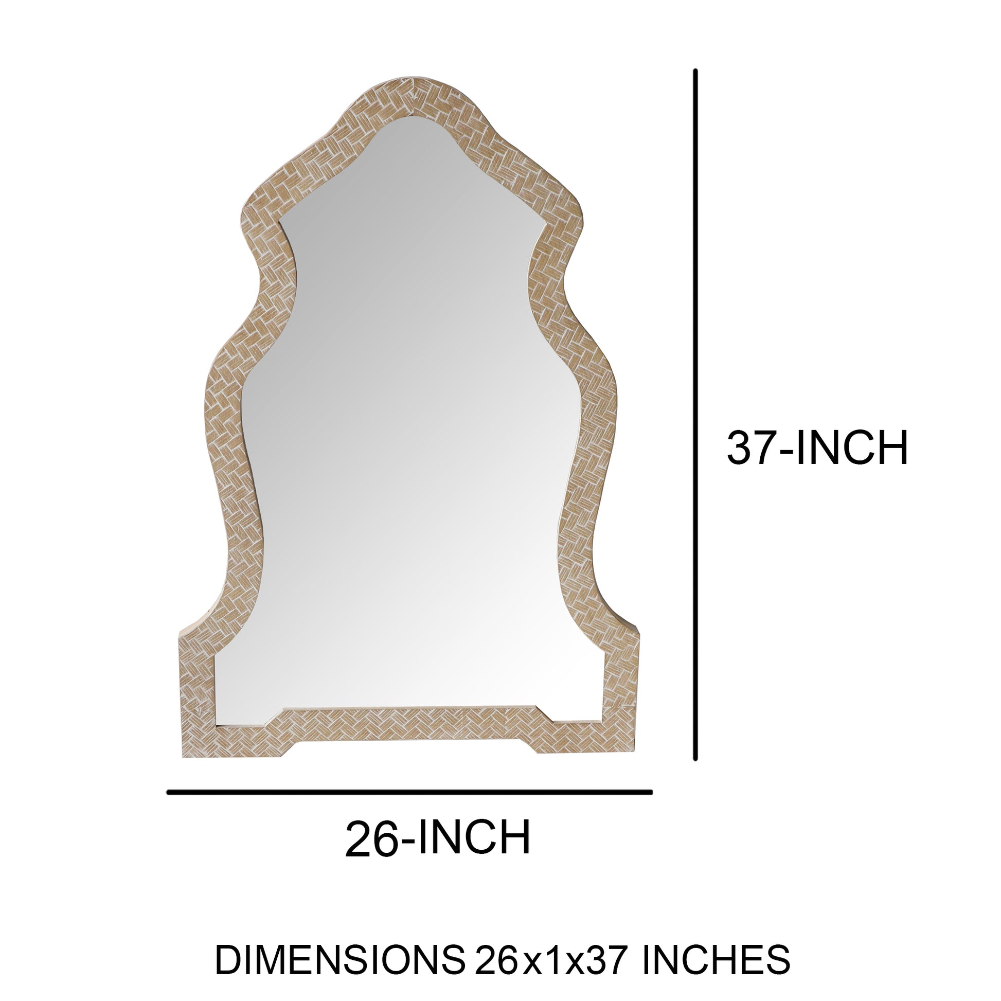 Soped Top Wooden Framed Wall Mirror With Geometric Texture, Brown Brown Mdf