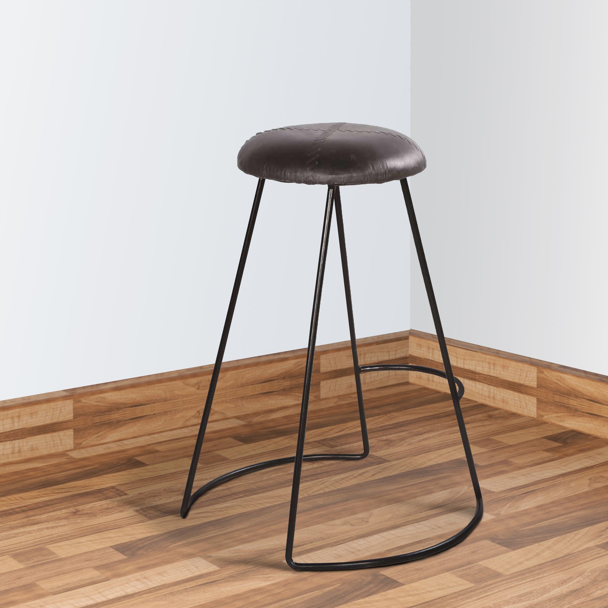 26 Inch Modern Counter Height Stool, Genuine Leather Upholstery, Metal Frame, Baseball Stitching, Black Black Iron