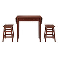 3 Piece Handcrafted Kitchen Island Breakfast Table Set, 2 Drawers, Rubberwood, Stools, Walnut Brown Brown Solid Wood