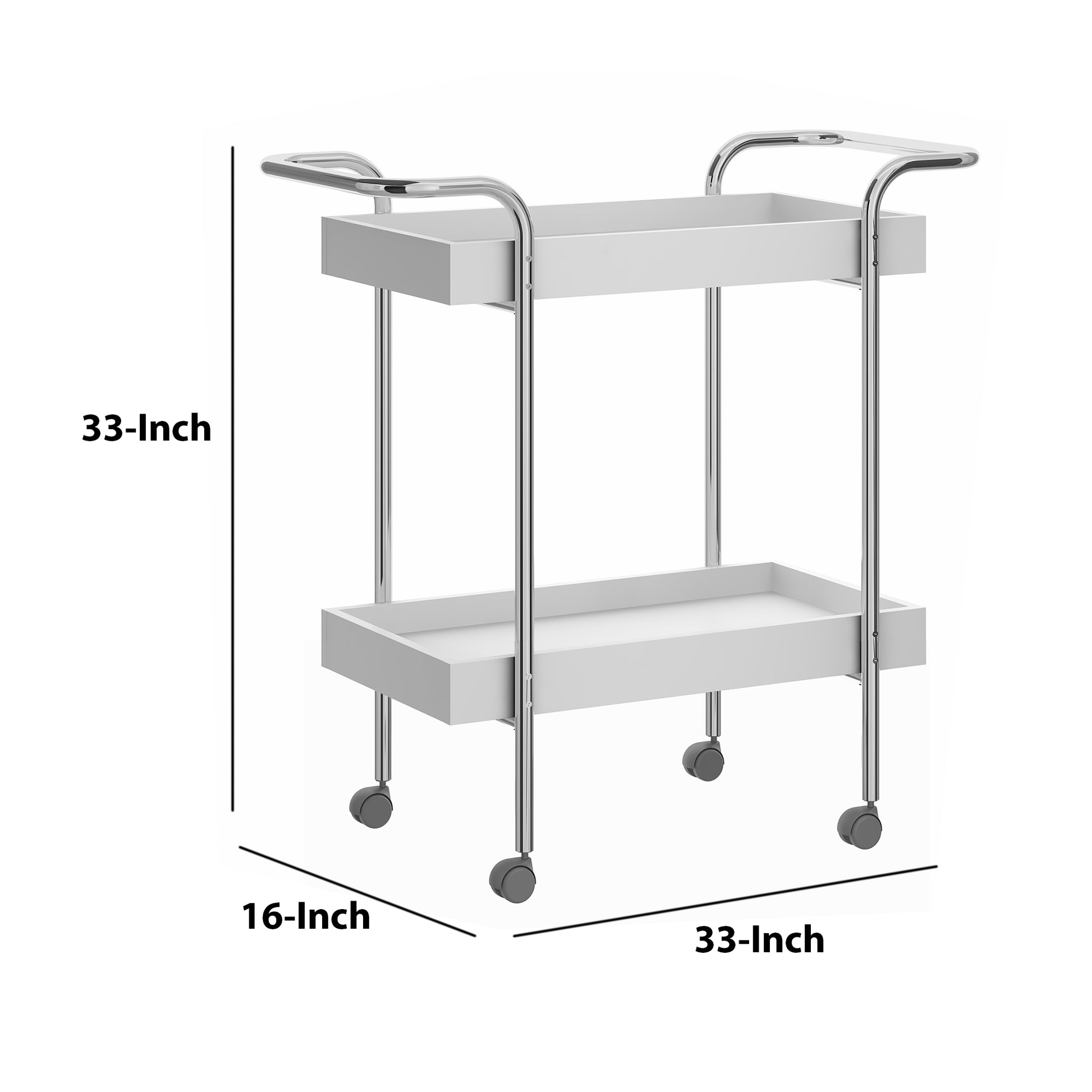 Storage Cart With 2 Tier Design And Metal Frame, White And Chrome White Metal