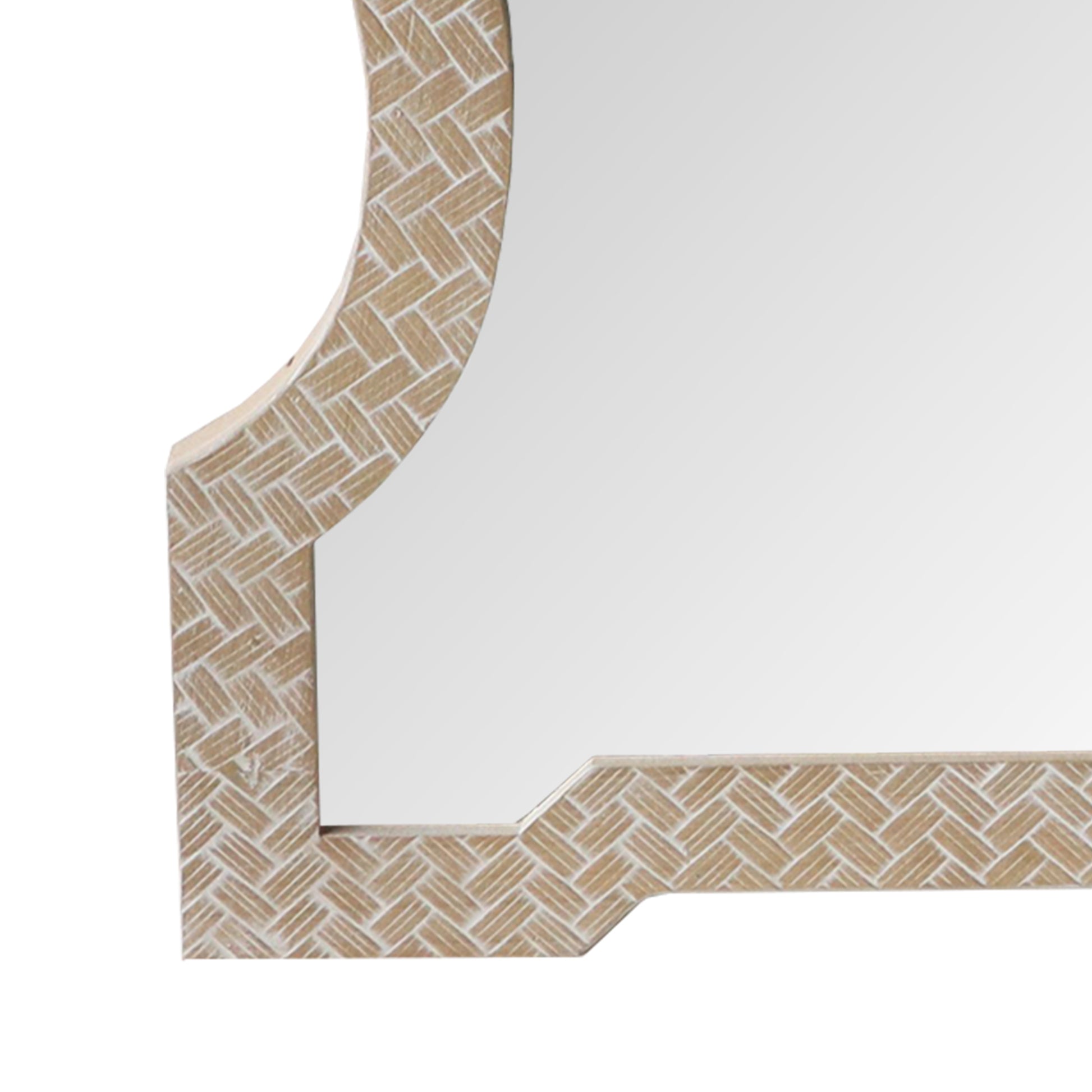 Soped Top Wooden Framed Wall Mirror With Geometric Texture, Brown Brown Mdf