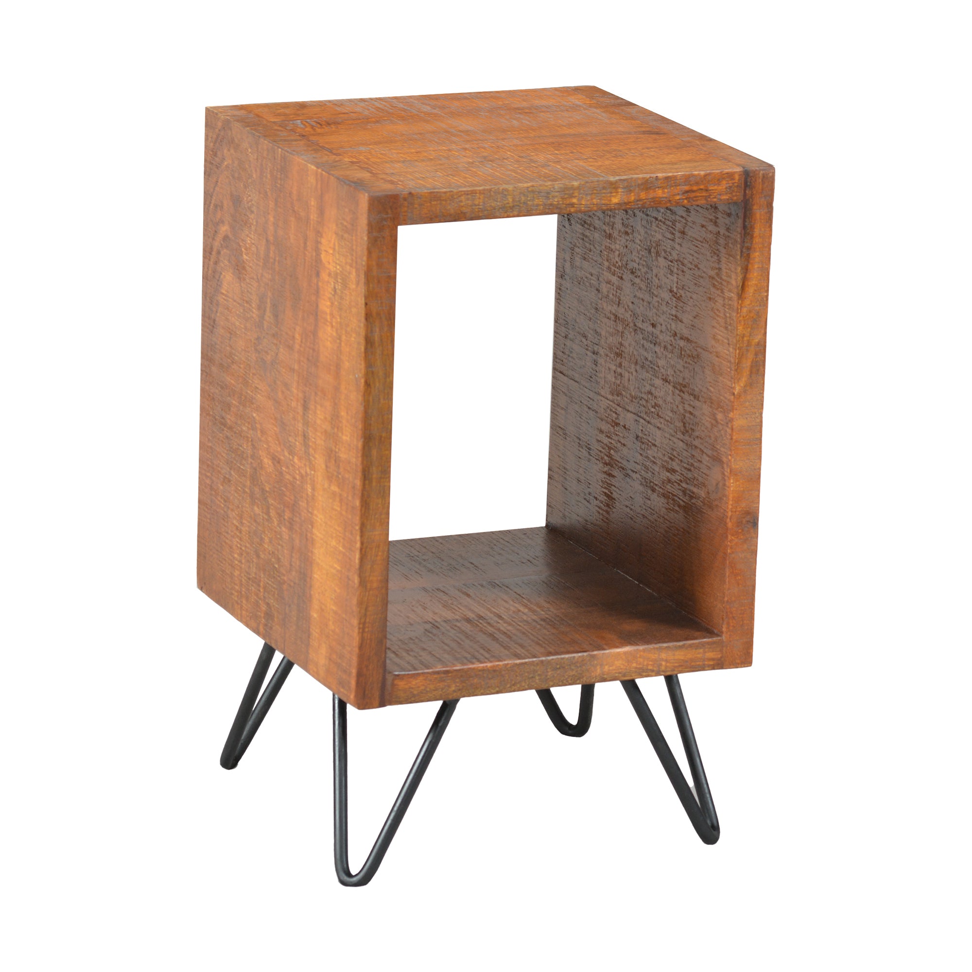 22 Inch Textured Cube Shape Wooden Nightstand With Angular Legs, Brown And Black Brown Solid Wood