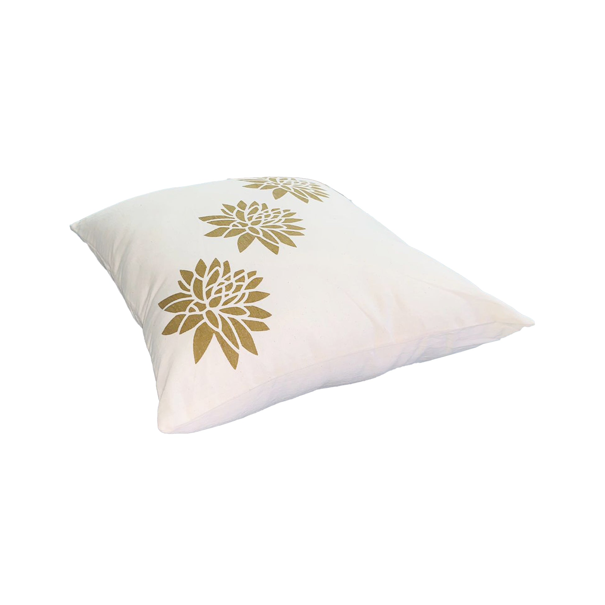 18 X 18 Square Accent Pillow, Soft Cotton Cover, Printed Lotus Flower, Polyester Filler, Gold, White White Cotton