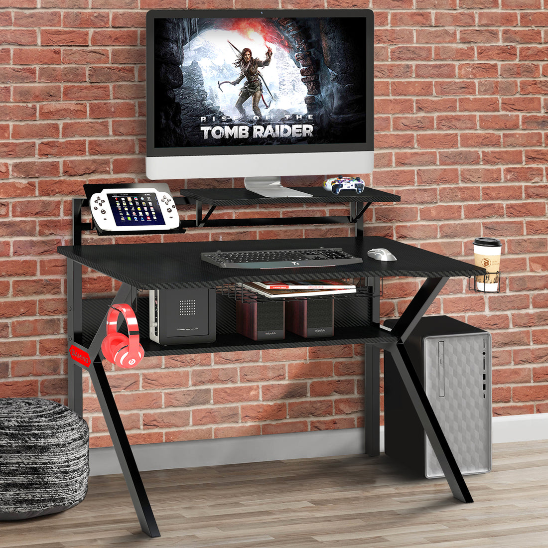 Pvc Coated Ergonomic Metal Frame Gaming Desk With K Shape Legs, Black Black Solid Wood