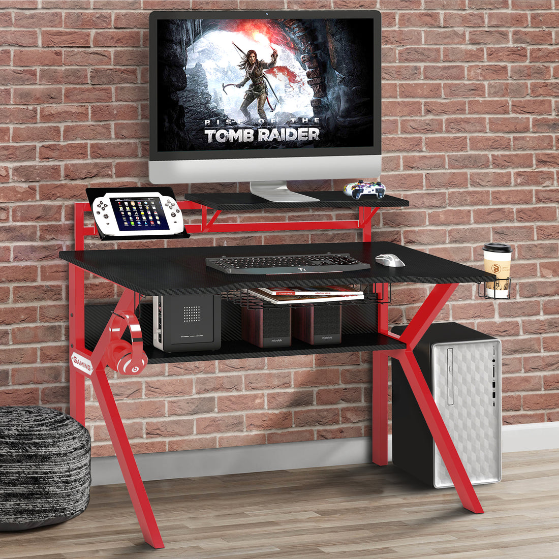 Pvc Coated Ergonomic Metal Frame Gaming Desk, Black And Red Black Solid Wood